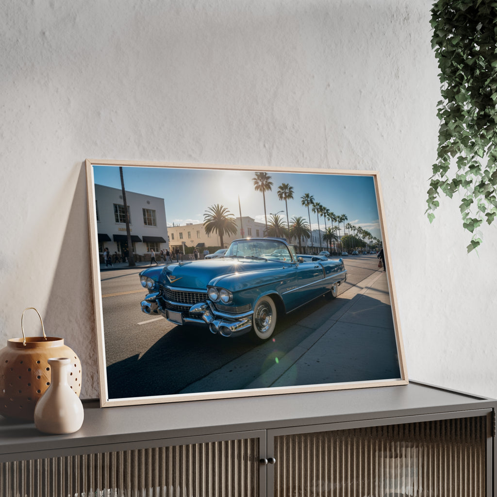 Framed Vintage Cadillac Poster – Retro Palm-Tree Coastal Car Wall Art