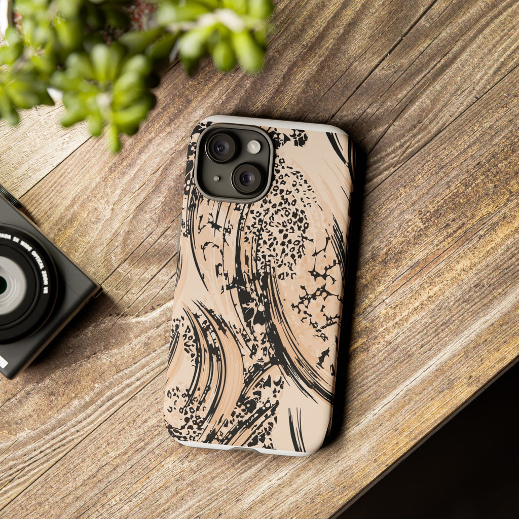 Abstract Brushstroke Phone Case — Neutral Beige & Black Artistic Protective Cover