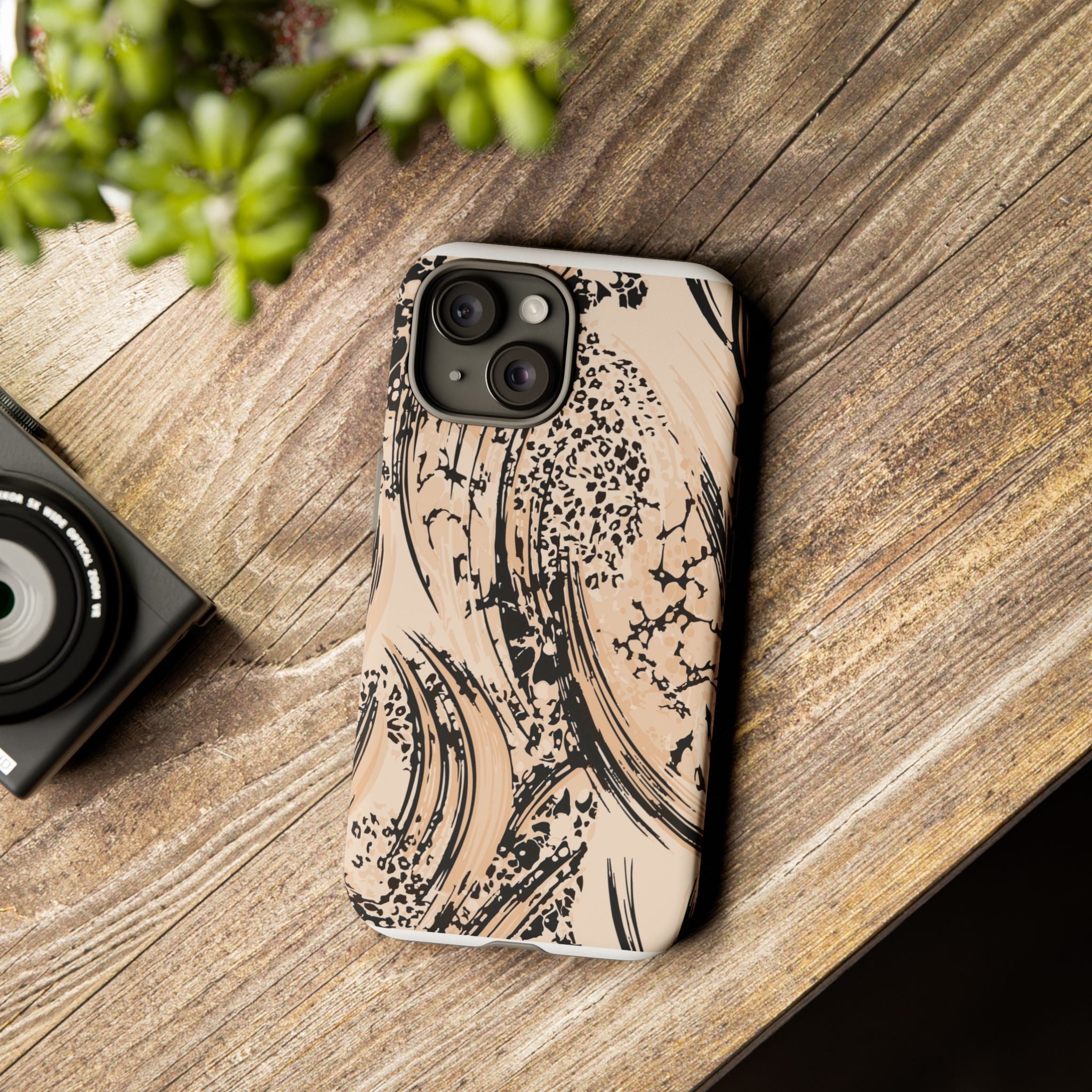 Abstract Brushstroke Phone Case — Neutral Beige & Black Artistic Protective Cover