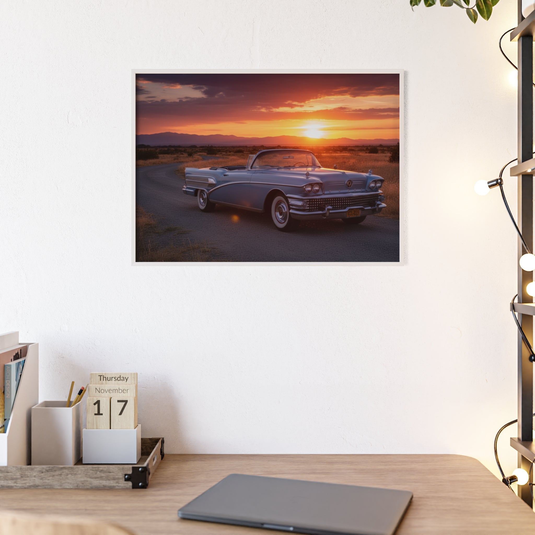 Vintage Convertible Sunset Poster with Wooden Frame