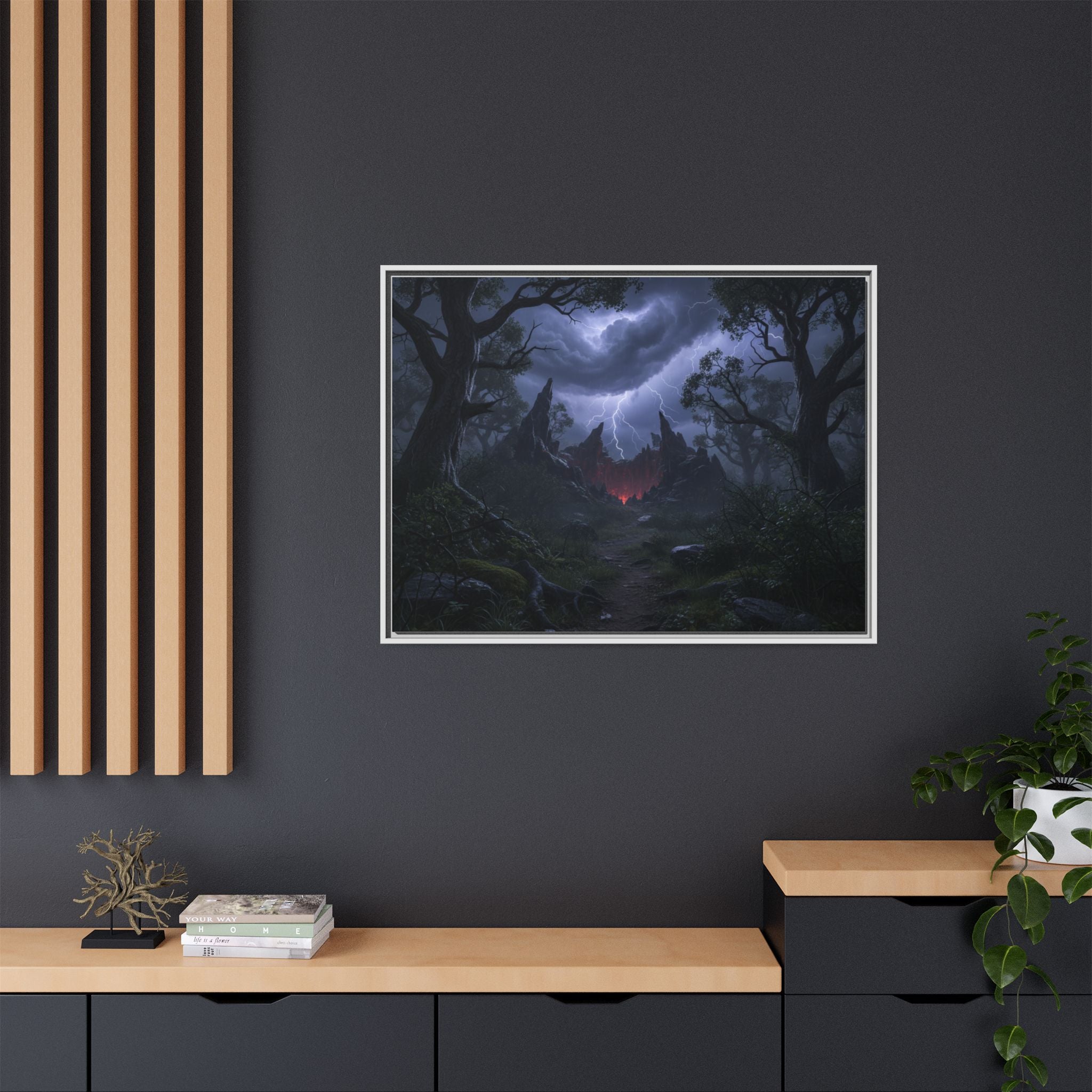 Dark Storm Forest Framed Canvas Print — Lightning, Haunted Castle Art