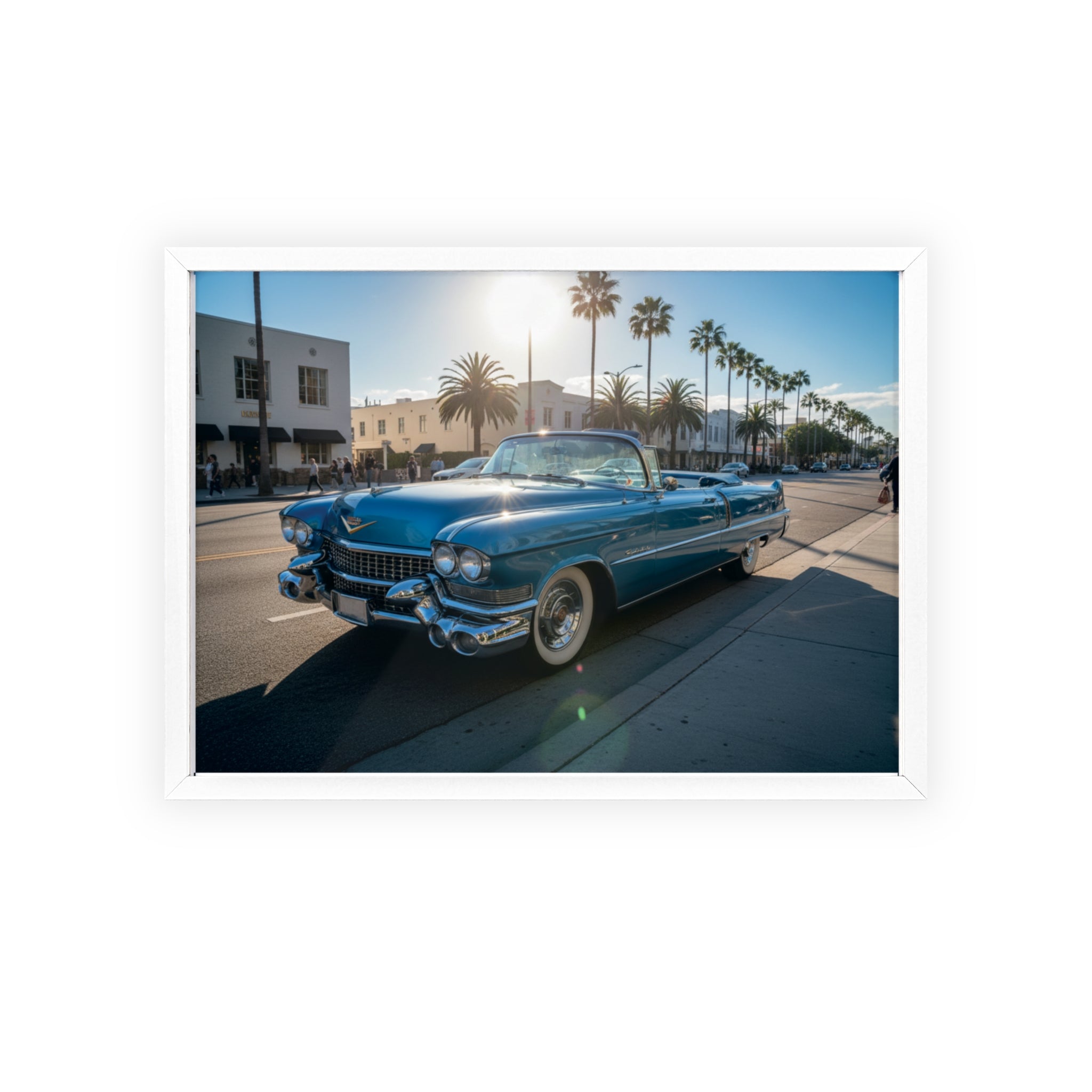 Framed Vintage Cadillac Poster – Retro Palm-Tree Coastal Car Wall Art