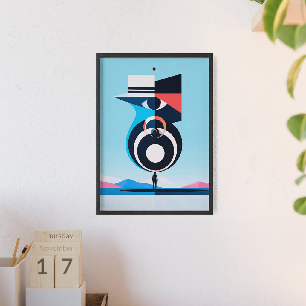 Abstract Geometric Bird Poster with Wooden Frame — Modern Minimalist Wall Art