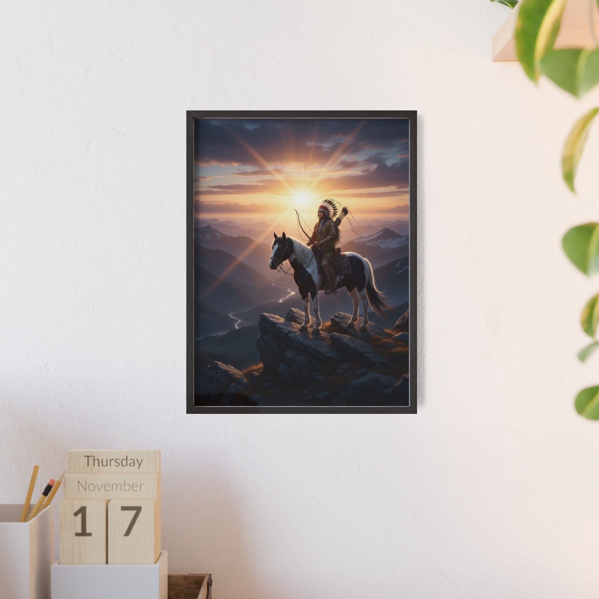 Native American Warrior on Horse Framed Poster — Scenic Sunrise Wall Art