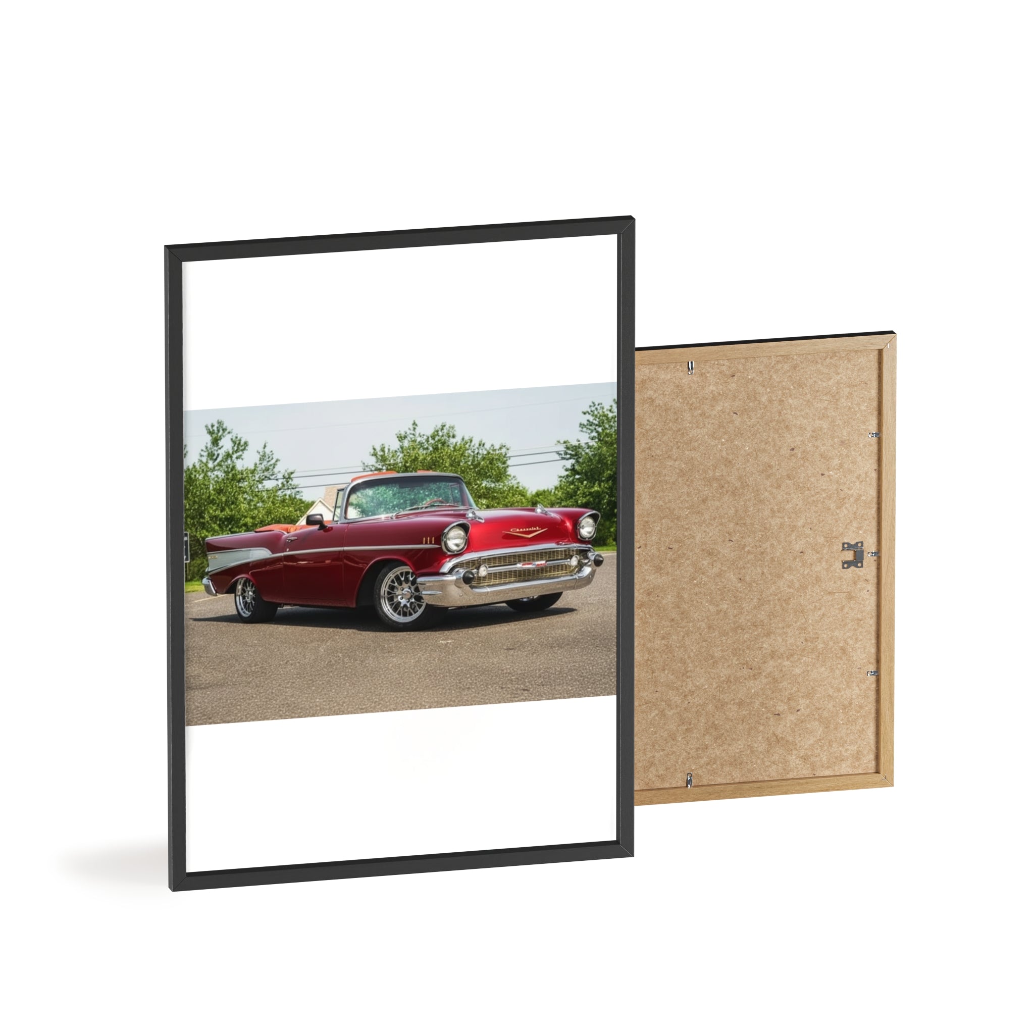 Classic Red Chevy Poster with Wooden Frame — Vintage Car Wall Art for Garage, Man Cave, Auto Enthusiasts