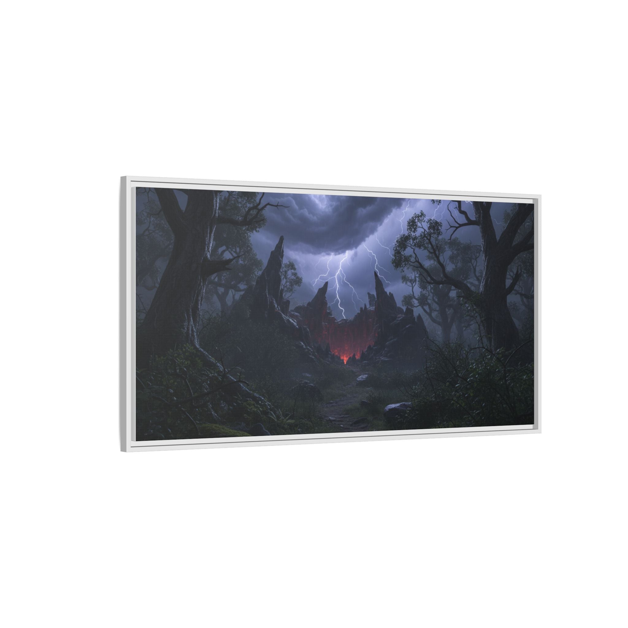 Dark Storm Forest Framed Canvas Print — Lightning, Haunted Castle Art