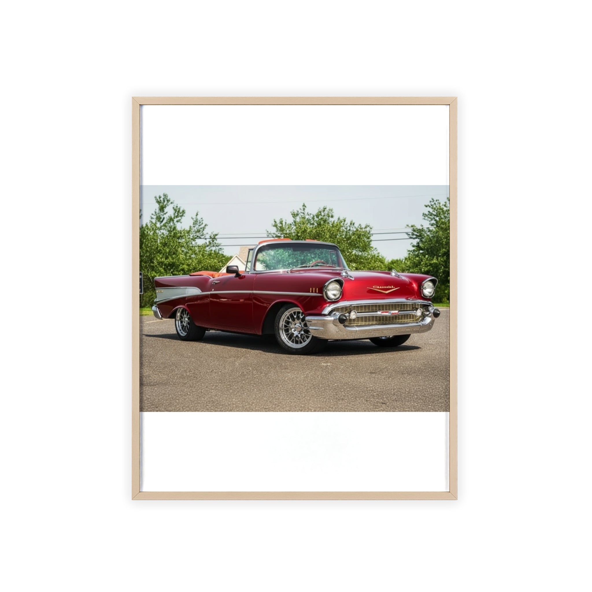 Classic Red Chevy Poster with Wooden Frame — Vintage Car Wall Art for Garage, Man Cave, Auto Enthusiasts