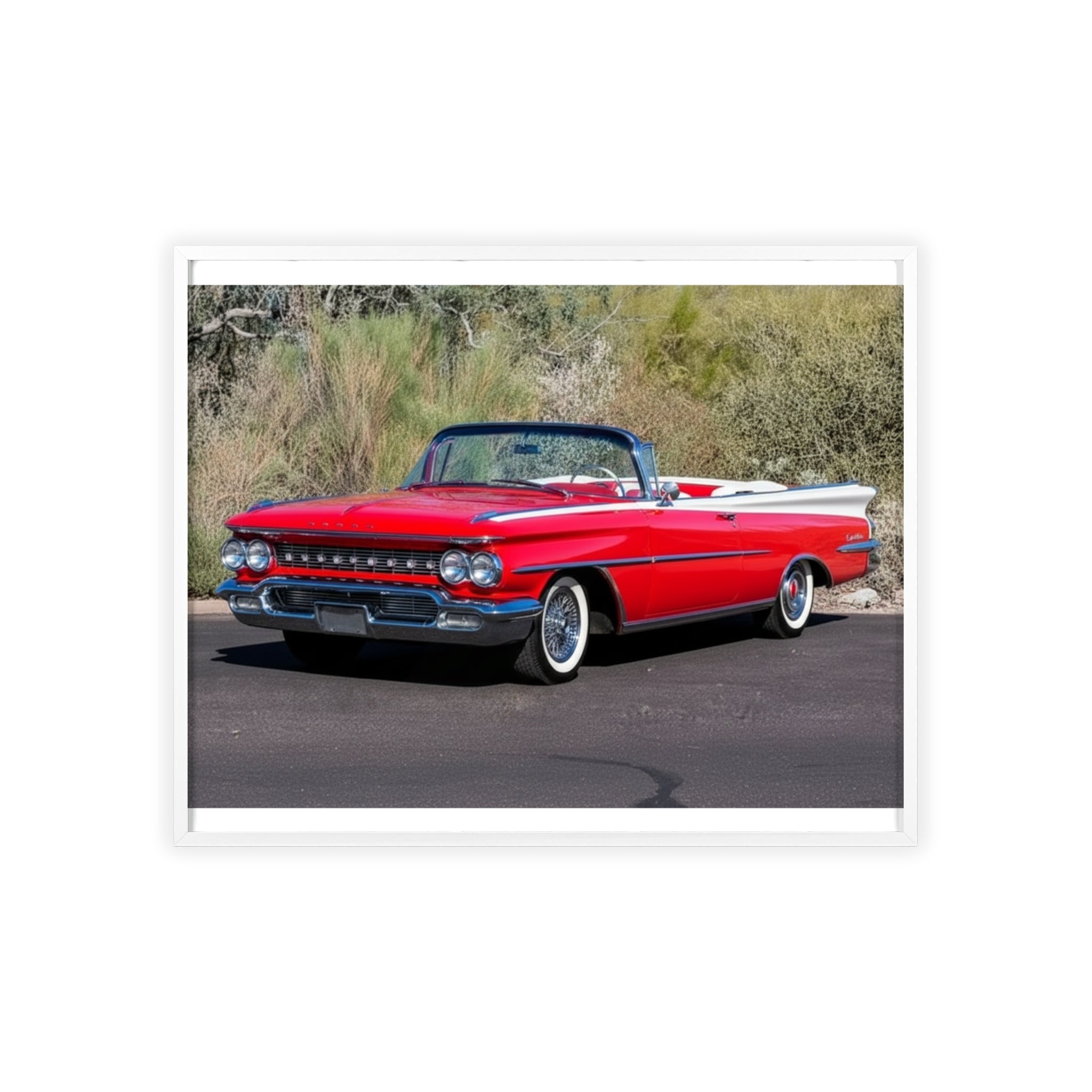 Vintage Red Convertible Car Poster with Wooden Frame — Classic Auto Wall Art