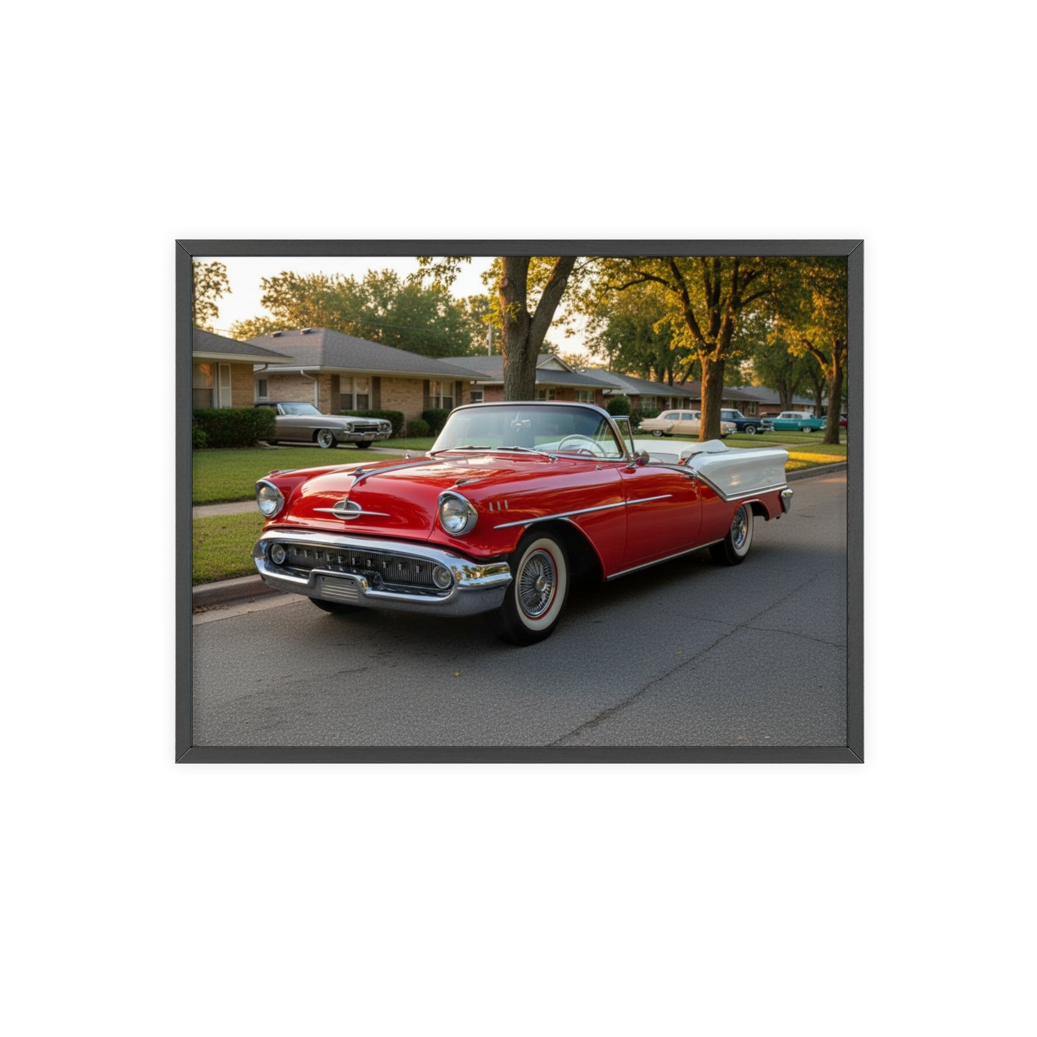 Vintage Red Convertible Poster with Wooden Frame — Classic Car Wall Art