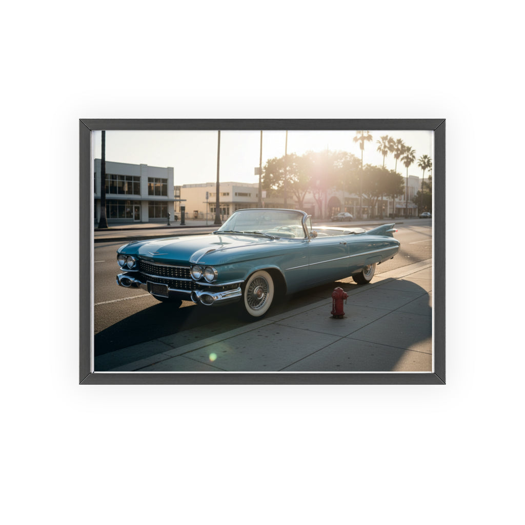 Vintage Blue Cadillac Poster with Wooden Frame – Retro Car Wall Art