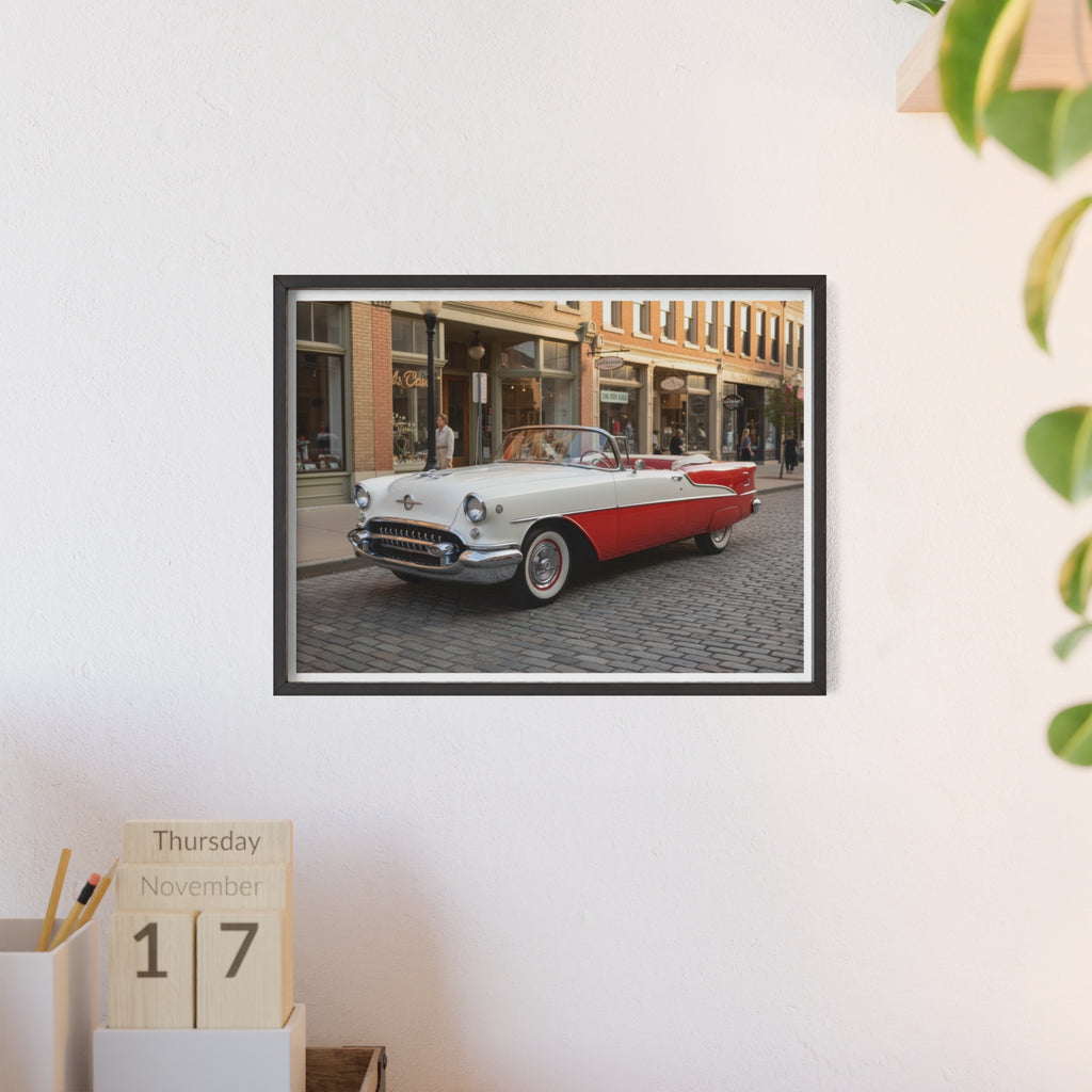 Vintage Red & White Convertible Poster with Wooden Frame — Retro Car Wall Art