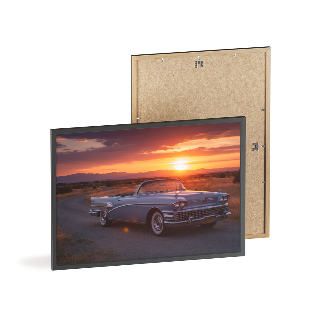 Vintage Convertible Sunset Poster with Wooden Frame