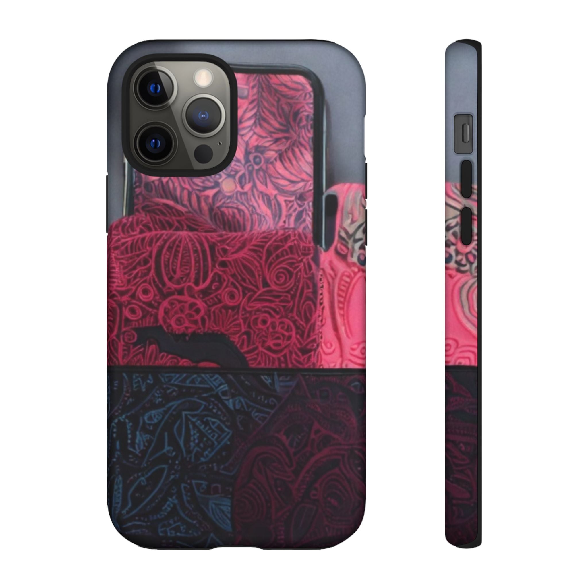Floral Patchwork Tough Phone Case — Pink & Navy Doodle Design