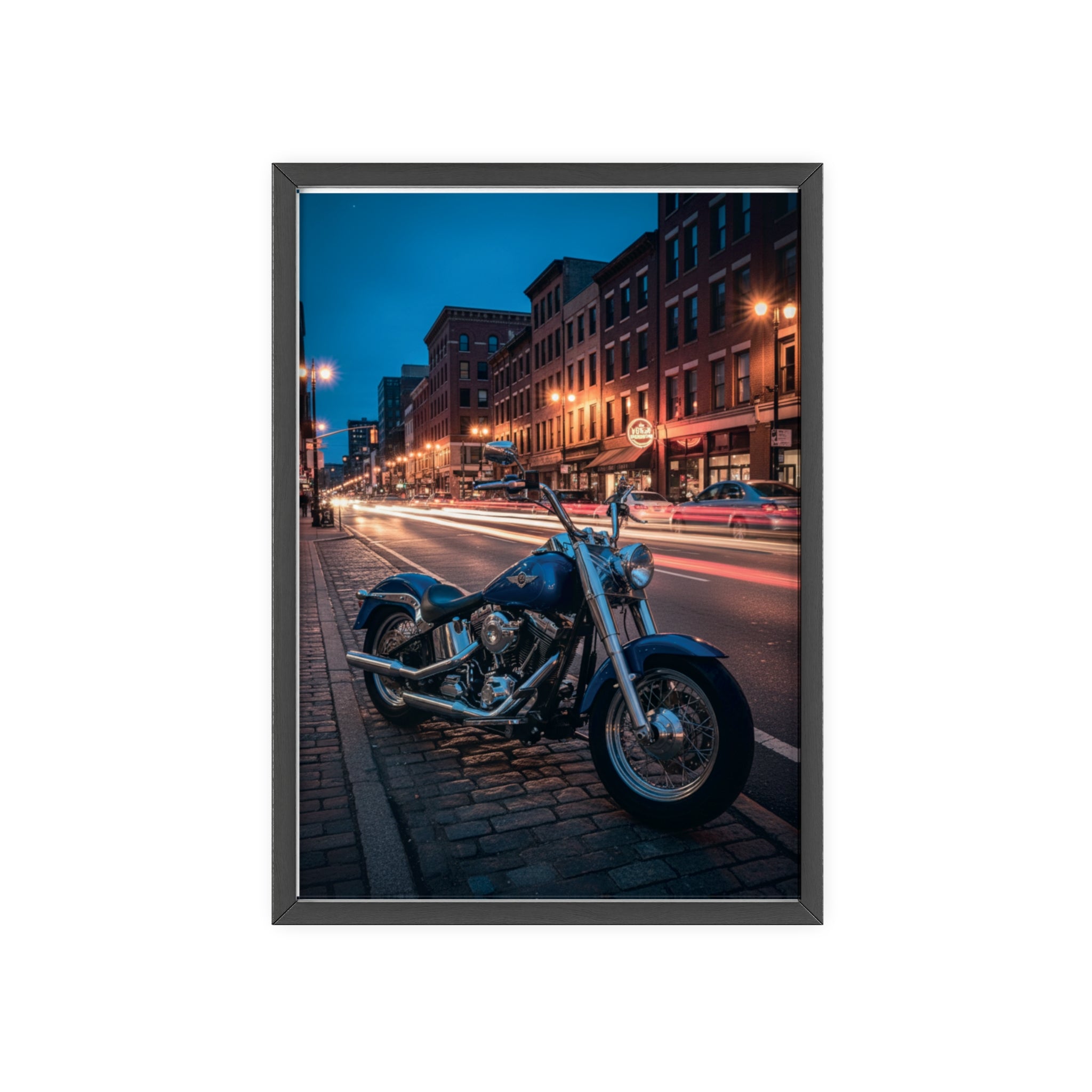 Framed Motorcycle Poster — Night City Street Bike Wall Art
