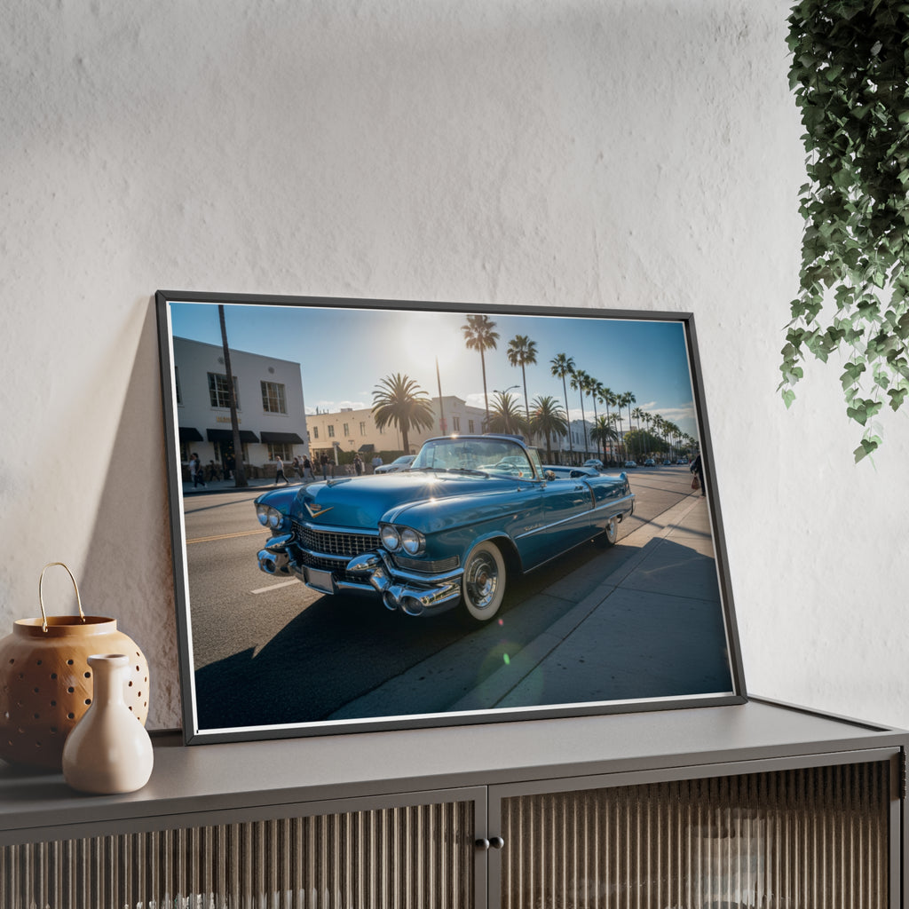 Framed Vintage Cadillac Poster – Retro Palm-Tree Coastal Car Wall Art