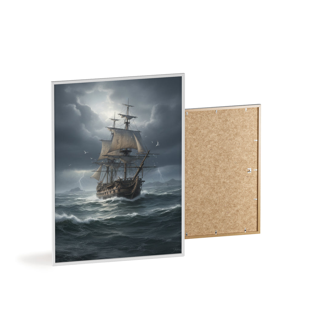 Framed Stormy Sea Ship Poster — Nautical Wall Art with Wooden Frame