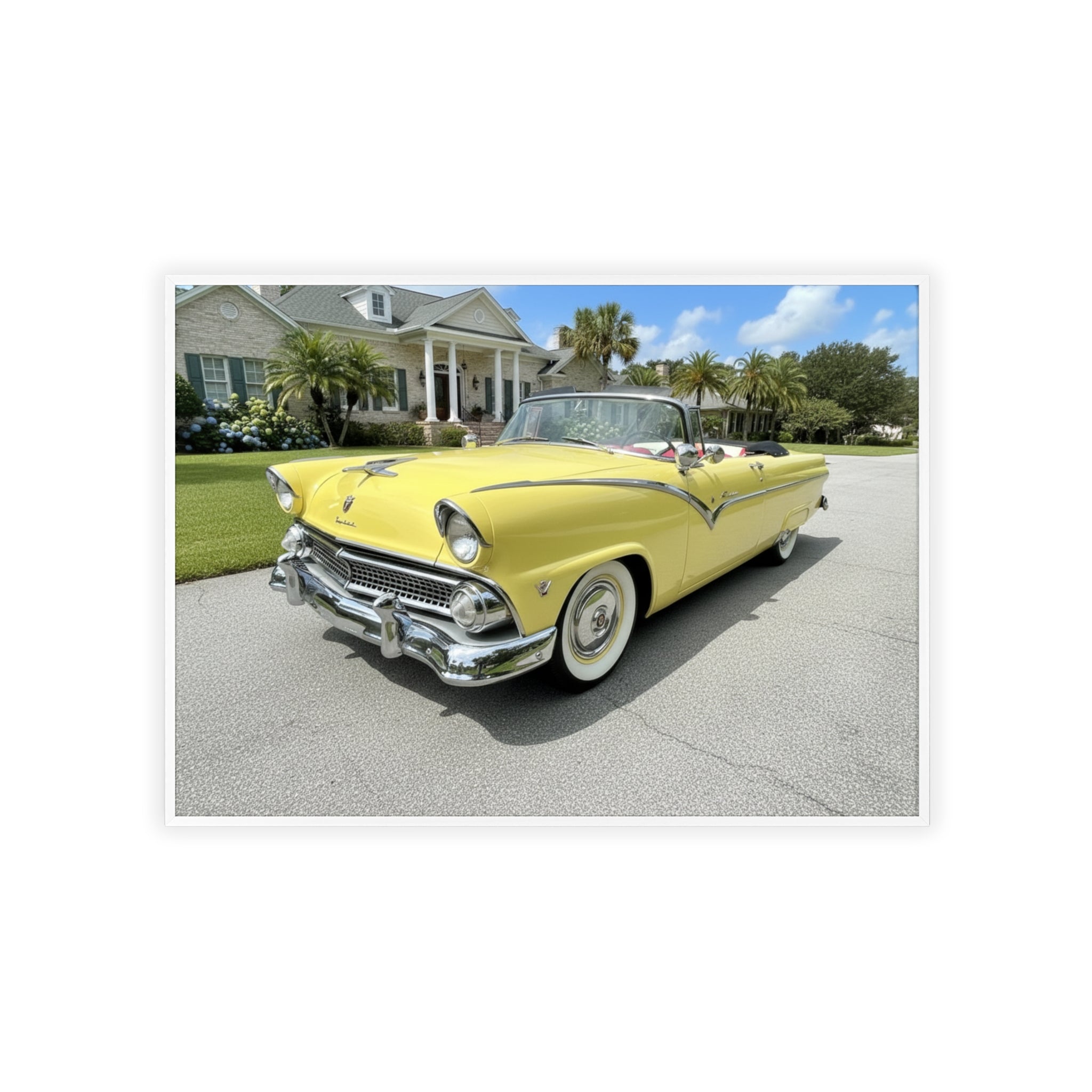 Vintage Yellow Classic Car Poster — Framed Wooden Wall Art