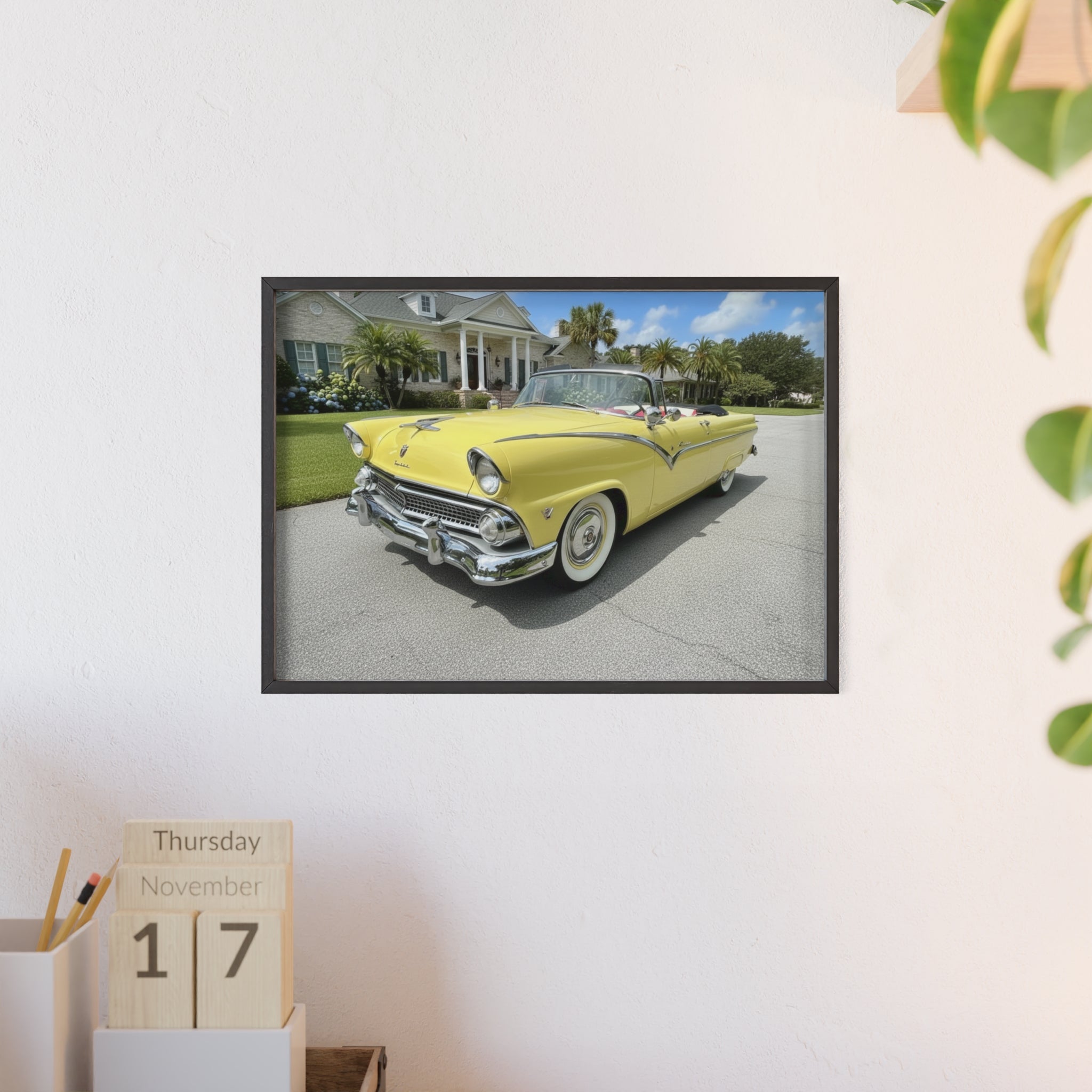 Vintage Yellow Classic Car Poster — Framed Wooden Wall Art