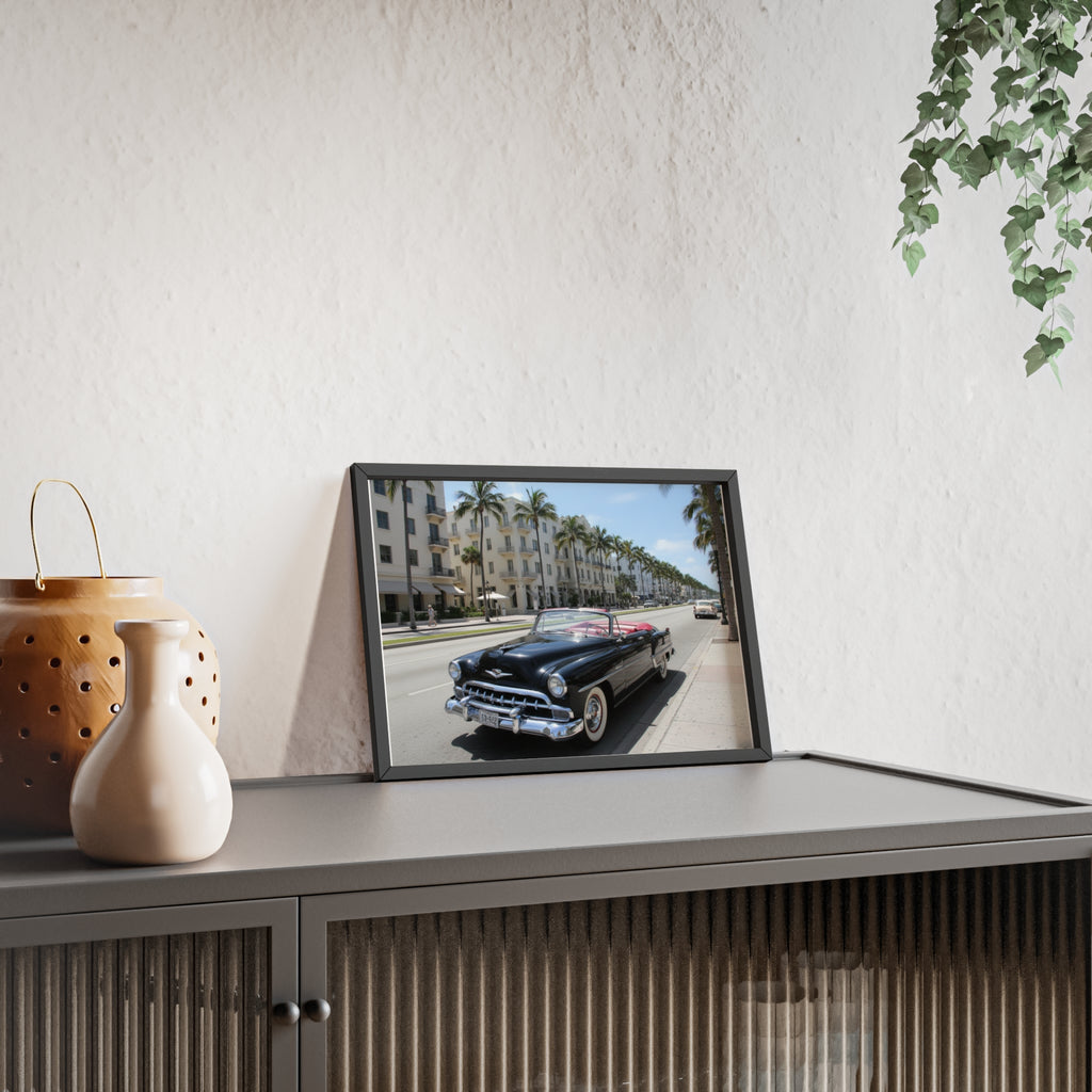 Vintage Convertible on Ocean Drive Framed Poster – Retro Classic Car Wall Art