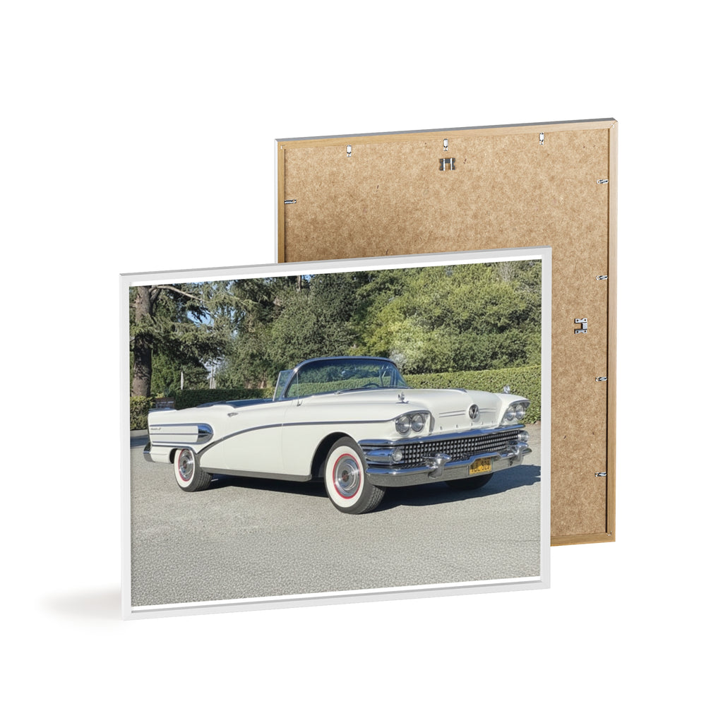 Classic White Convertible Car Poster with Wooden Frame — Vintage Auto Wall Art