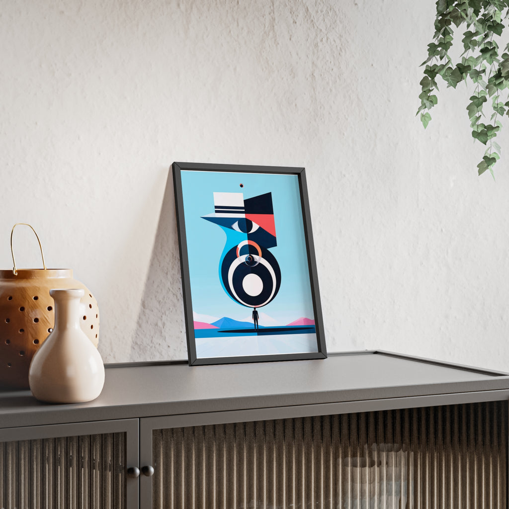Abstract Geometric Bird Poster with Wooden Frame — Modern Minimalist Wall Art