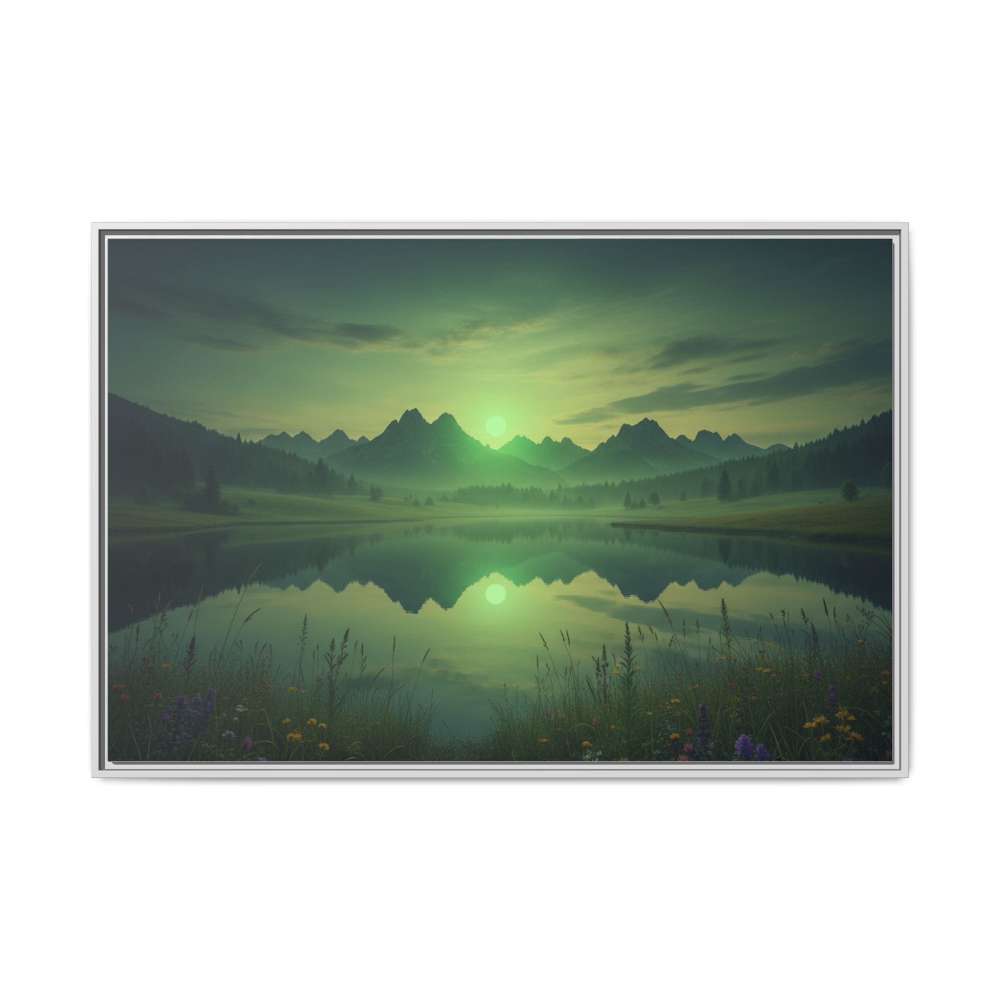 Framed Matte Canvas Print — Serene Green Mountain Lake Landscape