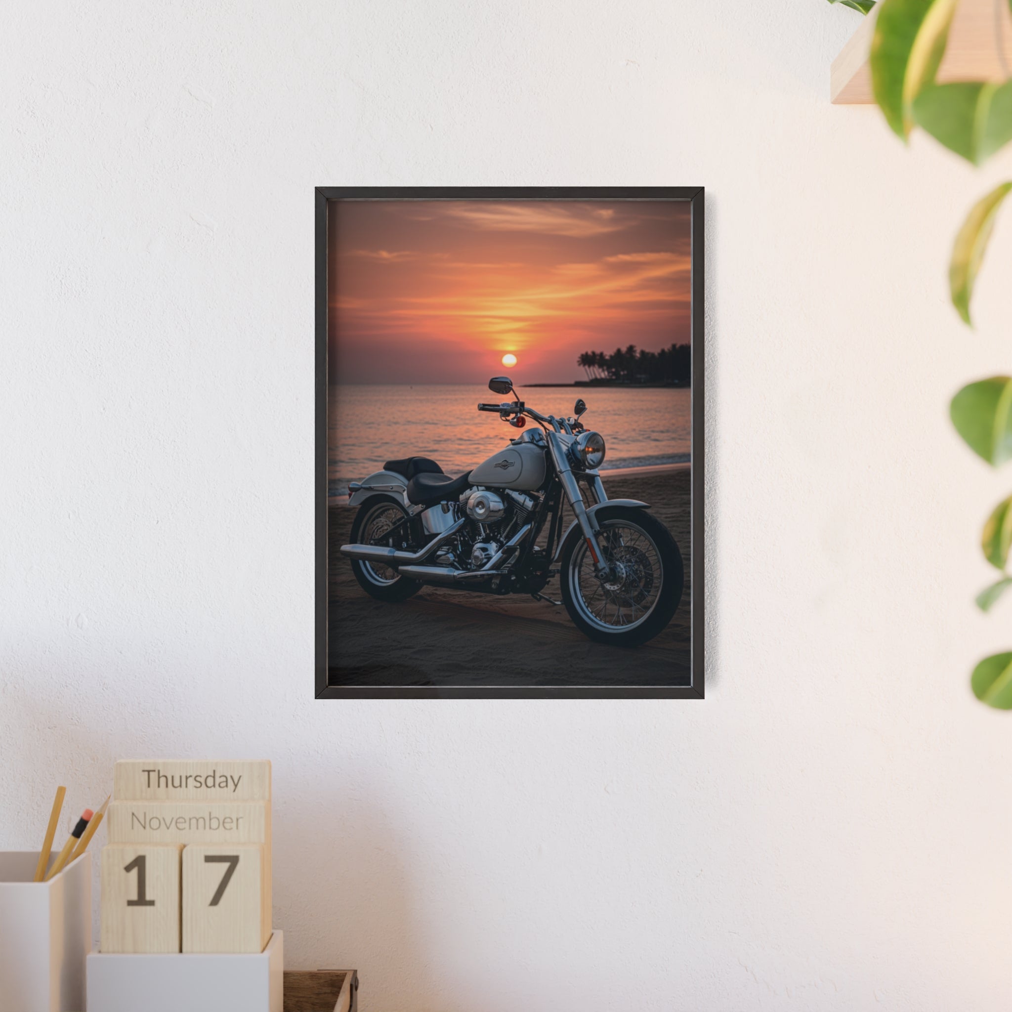 Sunset Beach Motorcycle Poster with Wooden Frame — Vintage Cruiser Wall Art