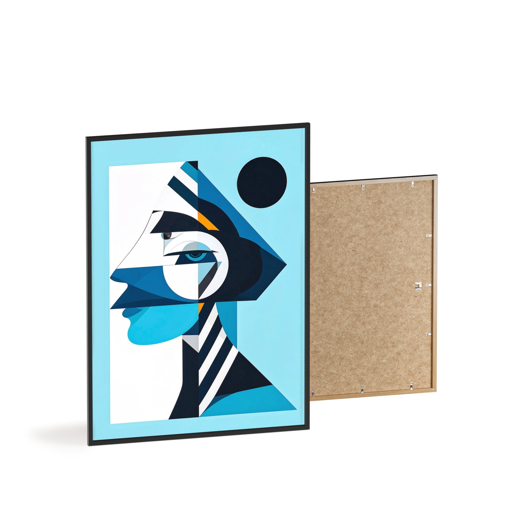Abstract Geometric Portrait Poster with Wooden Frame — Blue Modern Wall Art