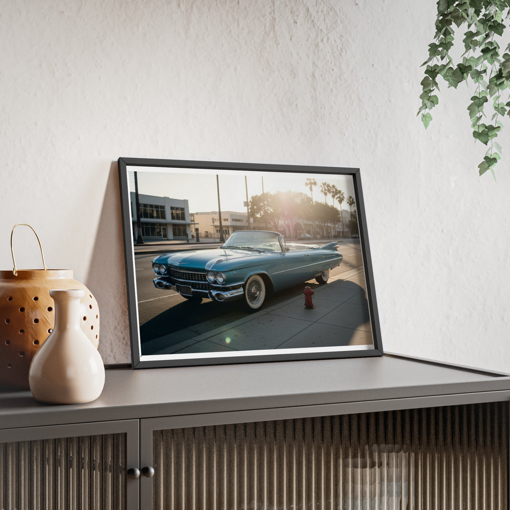 Vintage Blue Cadillac Poster with Wooden Frame – Retro Car Wall Art