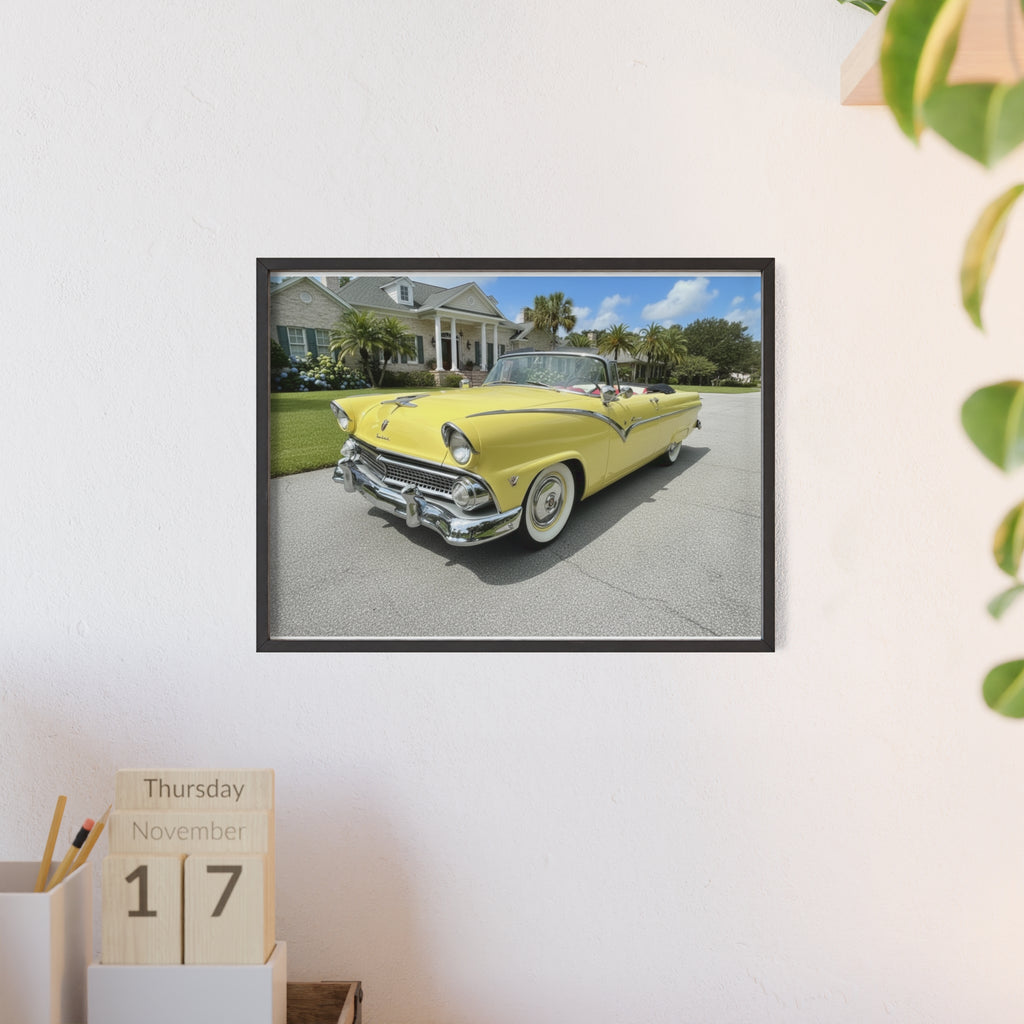 Vintage Yellow Classic Car Poster — Framed Wooden Wall Art