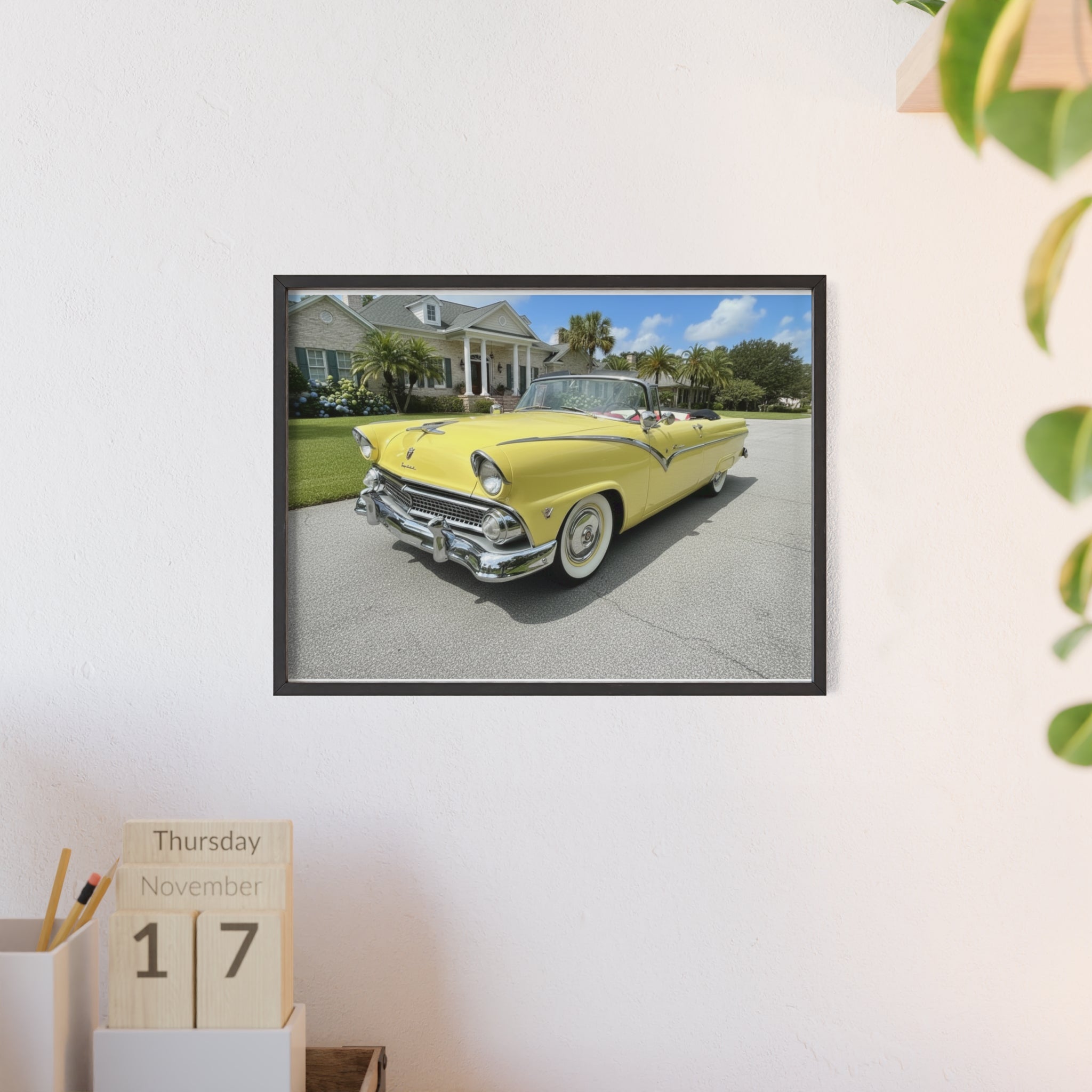 Vintage Yellow Classic Car Poster — Framed Wooden Wall Art