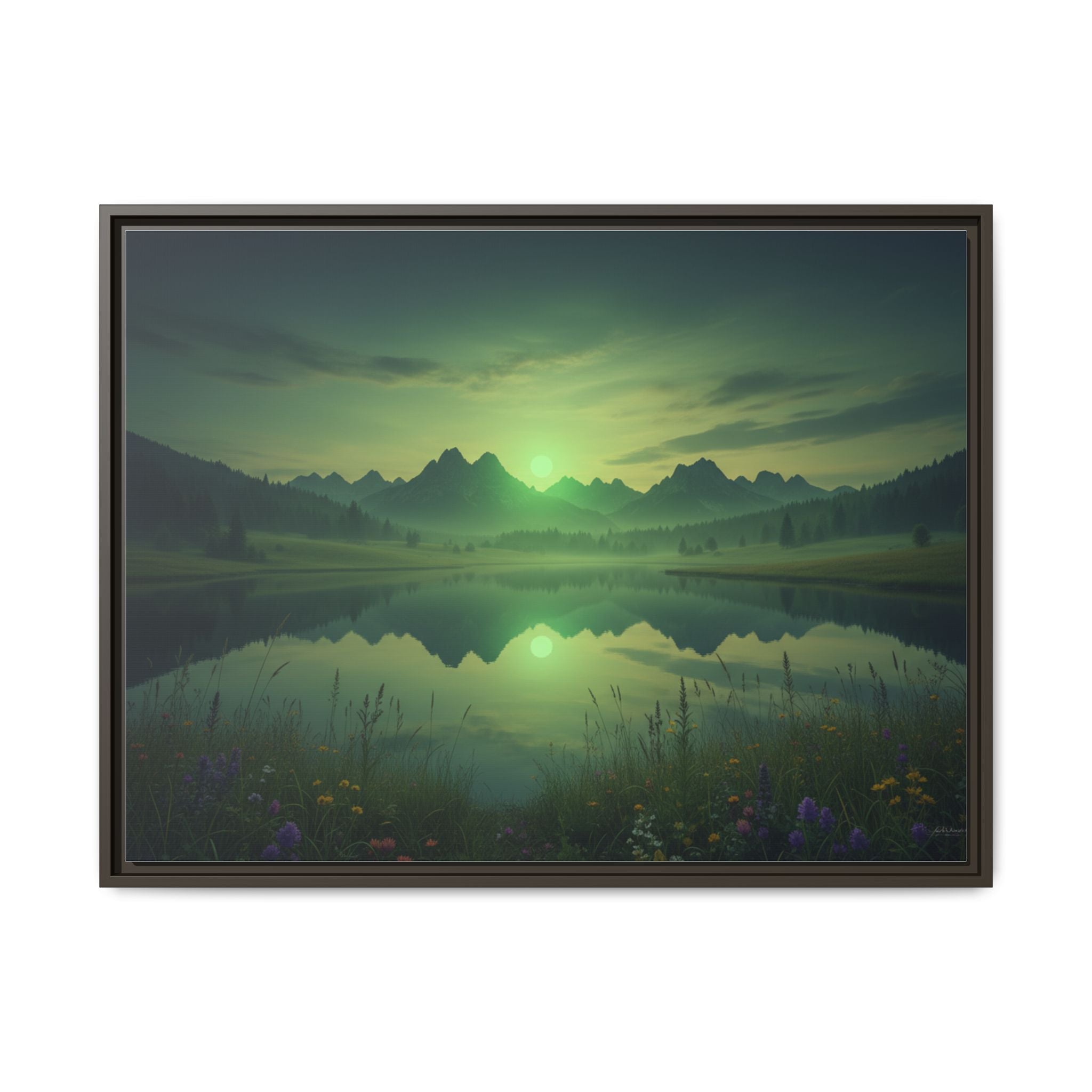 Framed Matte Canvas Print — Serene Green Mountain Lake Landscape