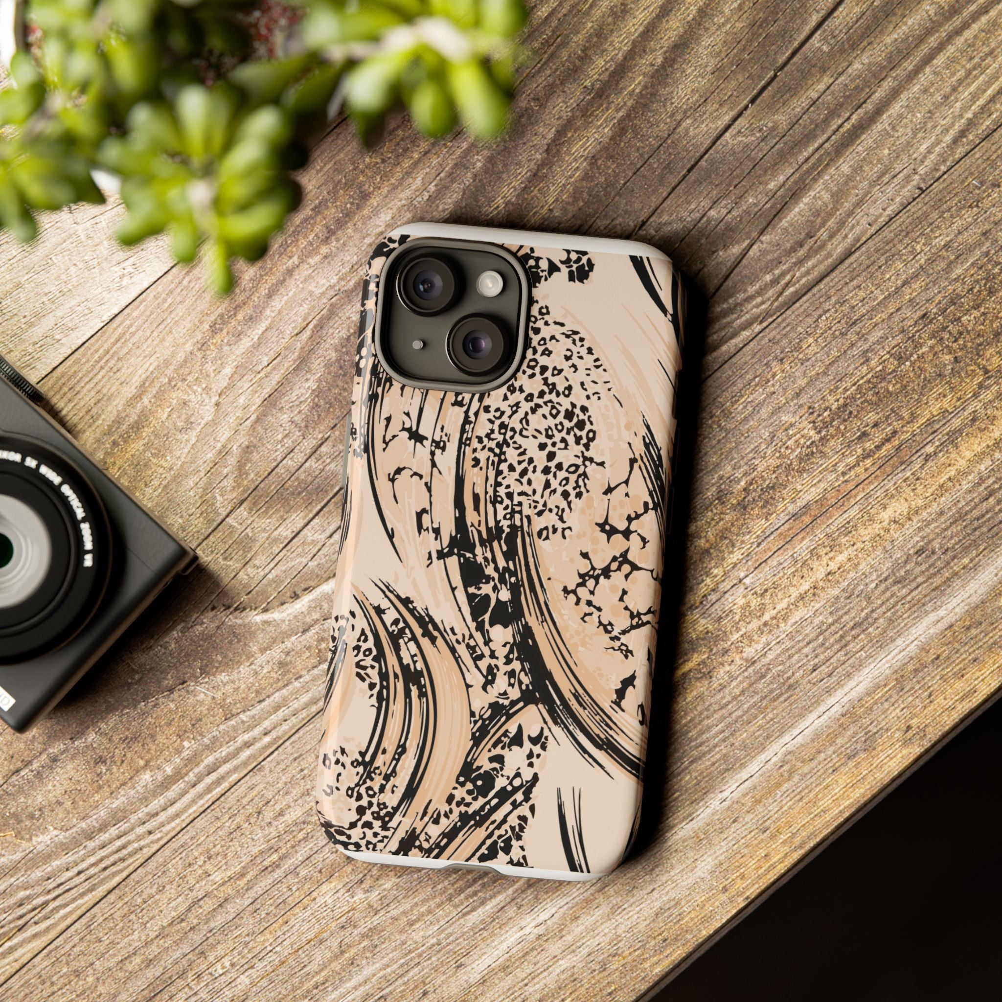 Abstract Brushstroke Phone Case — Neutral Beige & Black Artistic Protective Cover