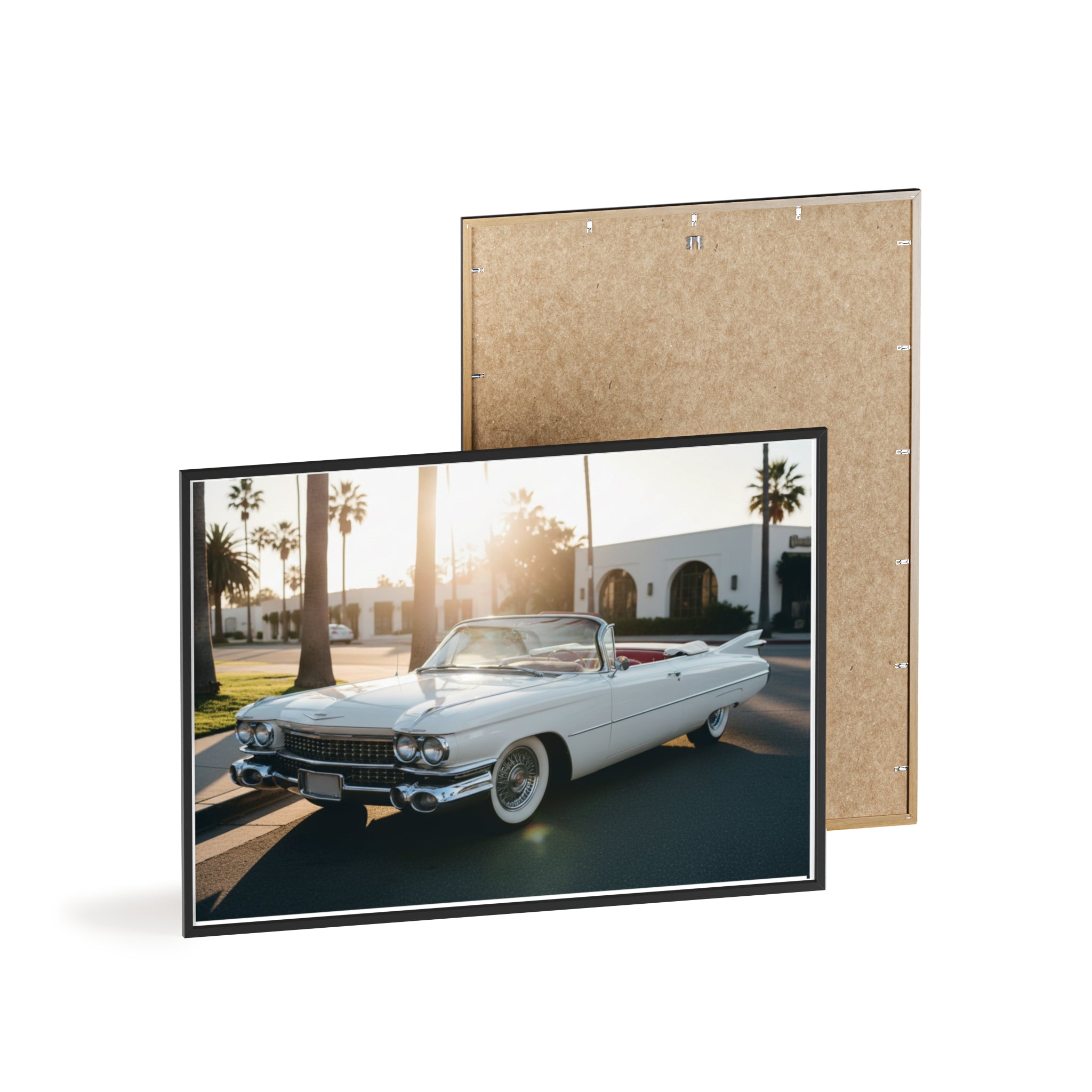 Vintage Cadillac Convertible Poster with Wooden Frame — Retro Palm Trees Sunset Wall Art
