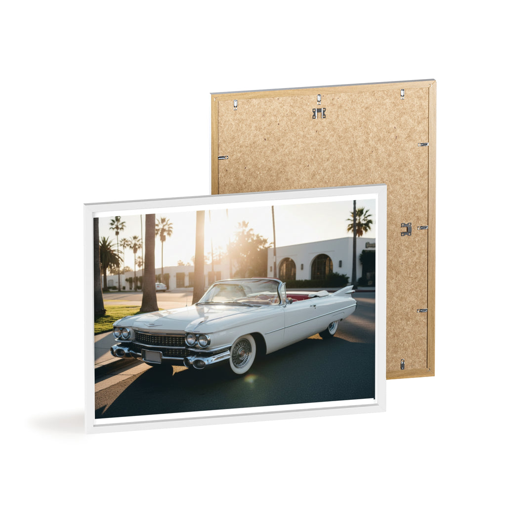 Vintage Cadillac Convertible Poster with Wooden Frame — Retro Palm Trees Sunset Wall Art