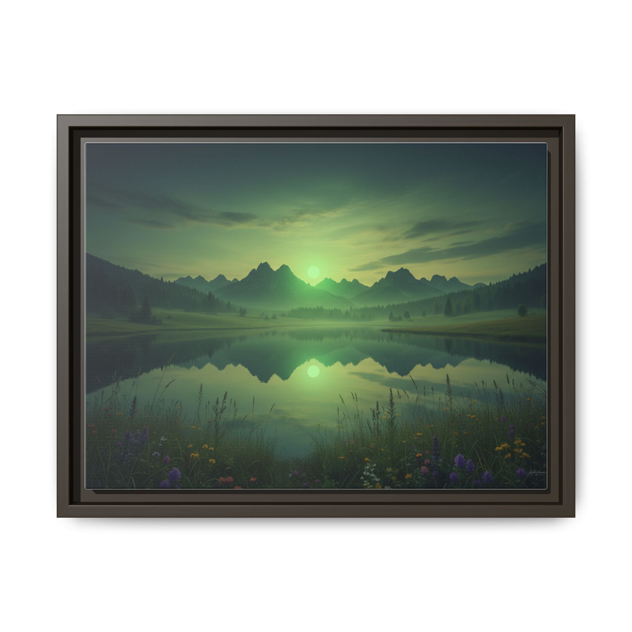 Framed Matte Canvas Print — Serene Green Mountain Lake Landscape