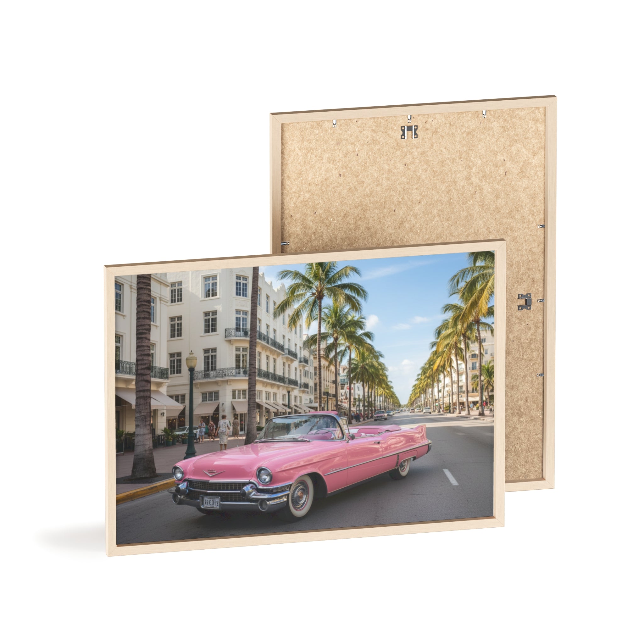 Vintage Pink Cadillac Wall Poster with Wooden Frame — Retro Miami Palm Street Photography