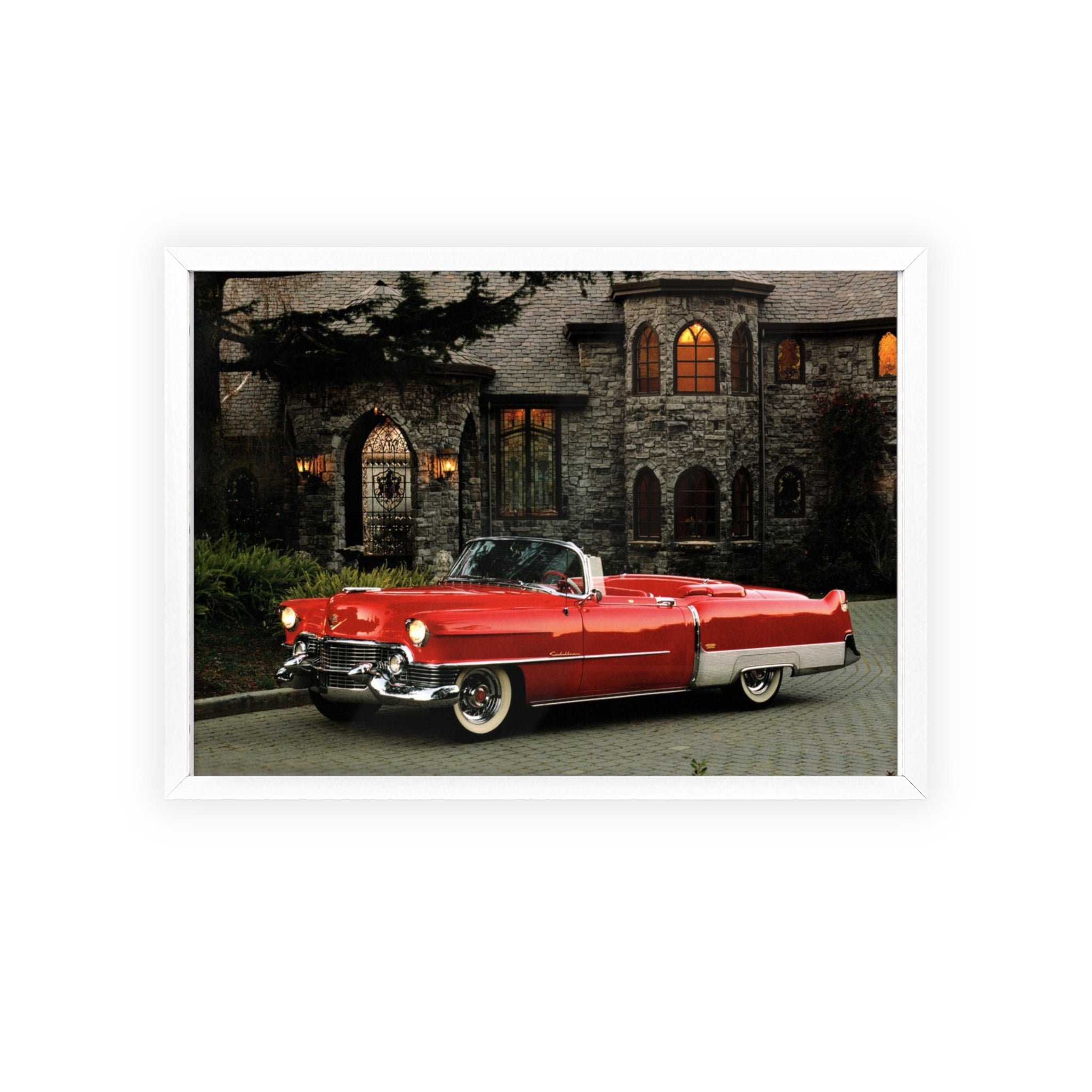 Vintage Red Convertible Poster with Wooden Frame — Classic Car Wall Art