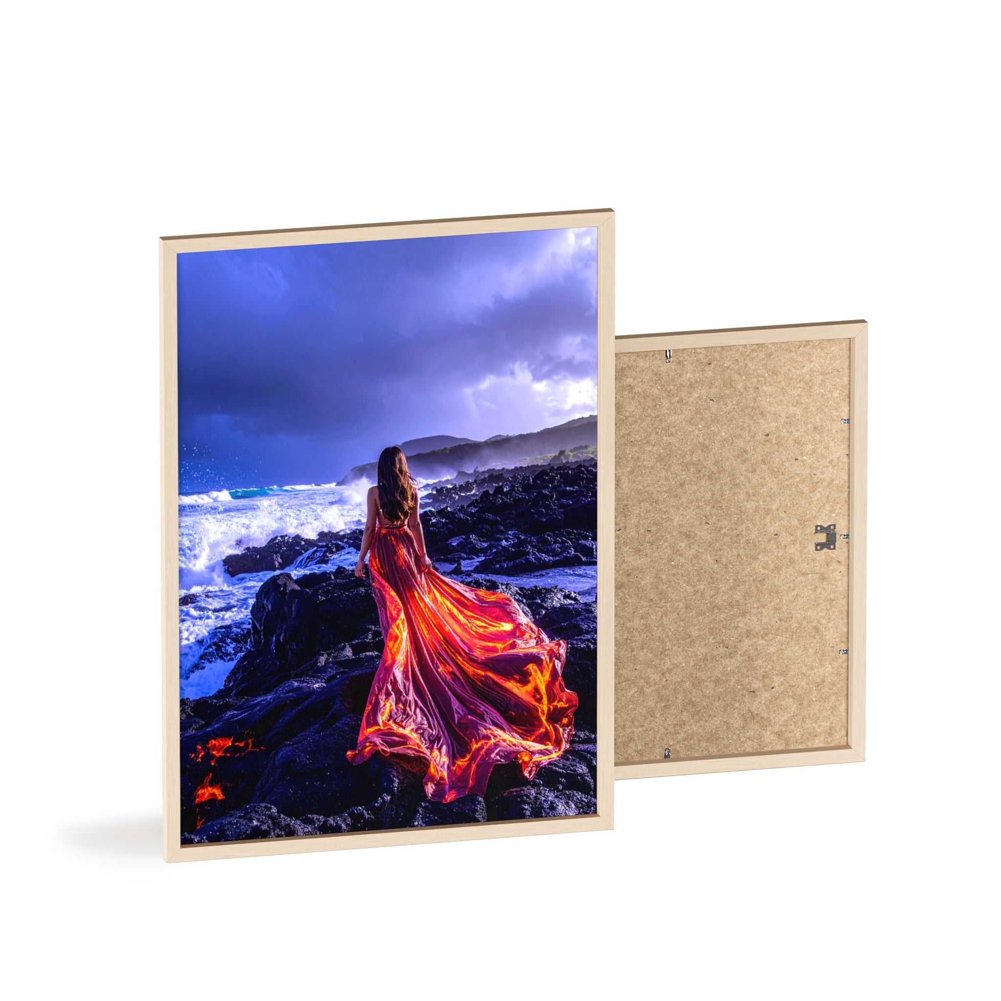 Framed Art Print — Woman in Fiery Red Dress on Rocky Shore (Wooden Frame Poster)