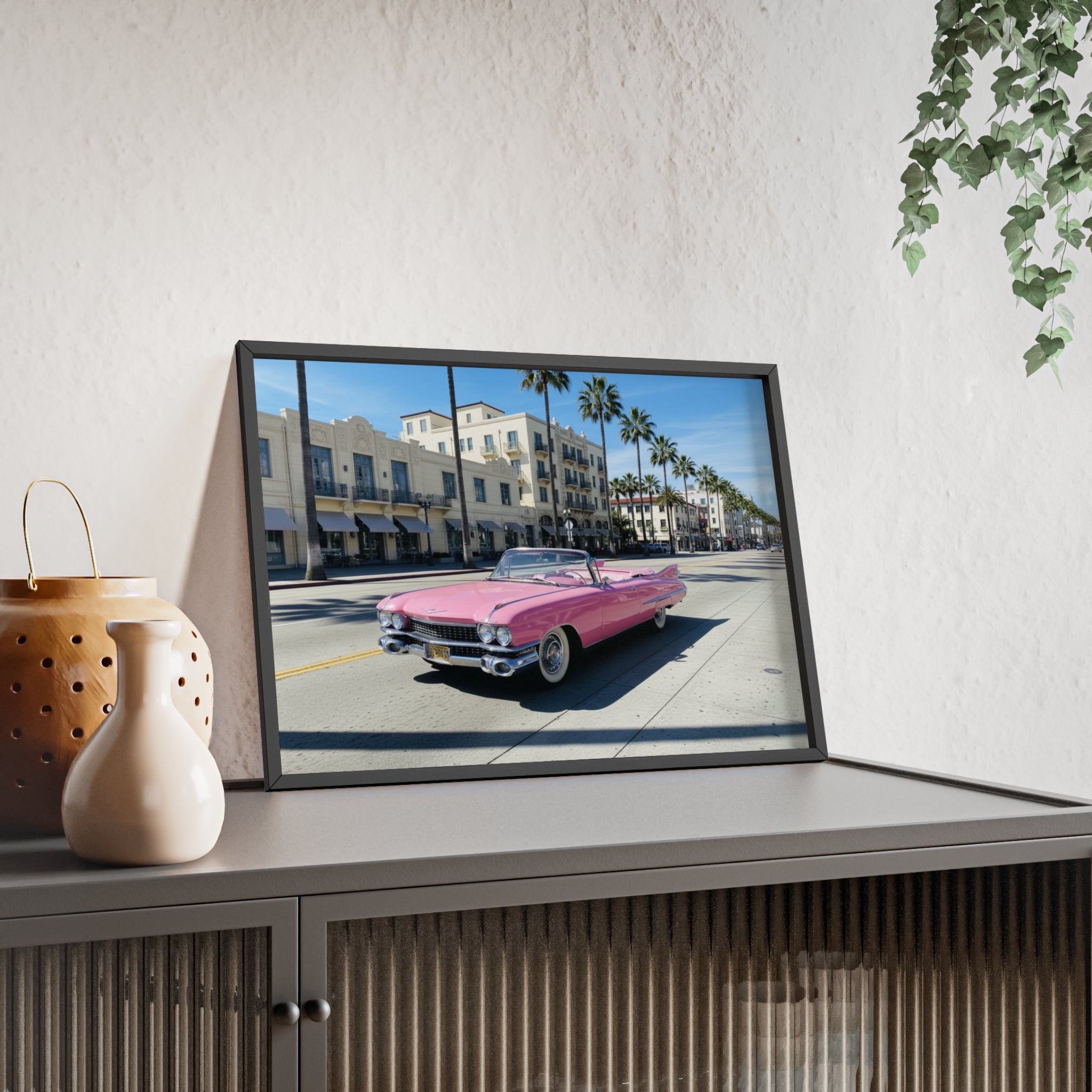 Retro Pink Cadillac Poster with Wooden Frame — Vintage Palm-Drive Wall Art