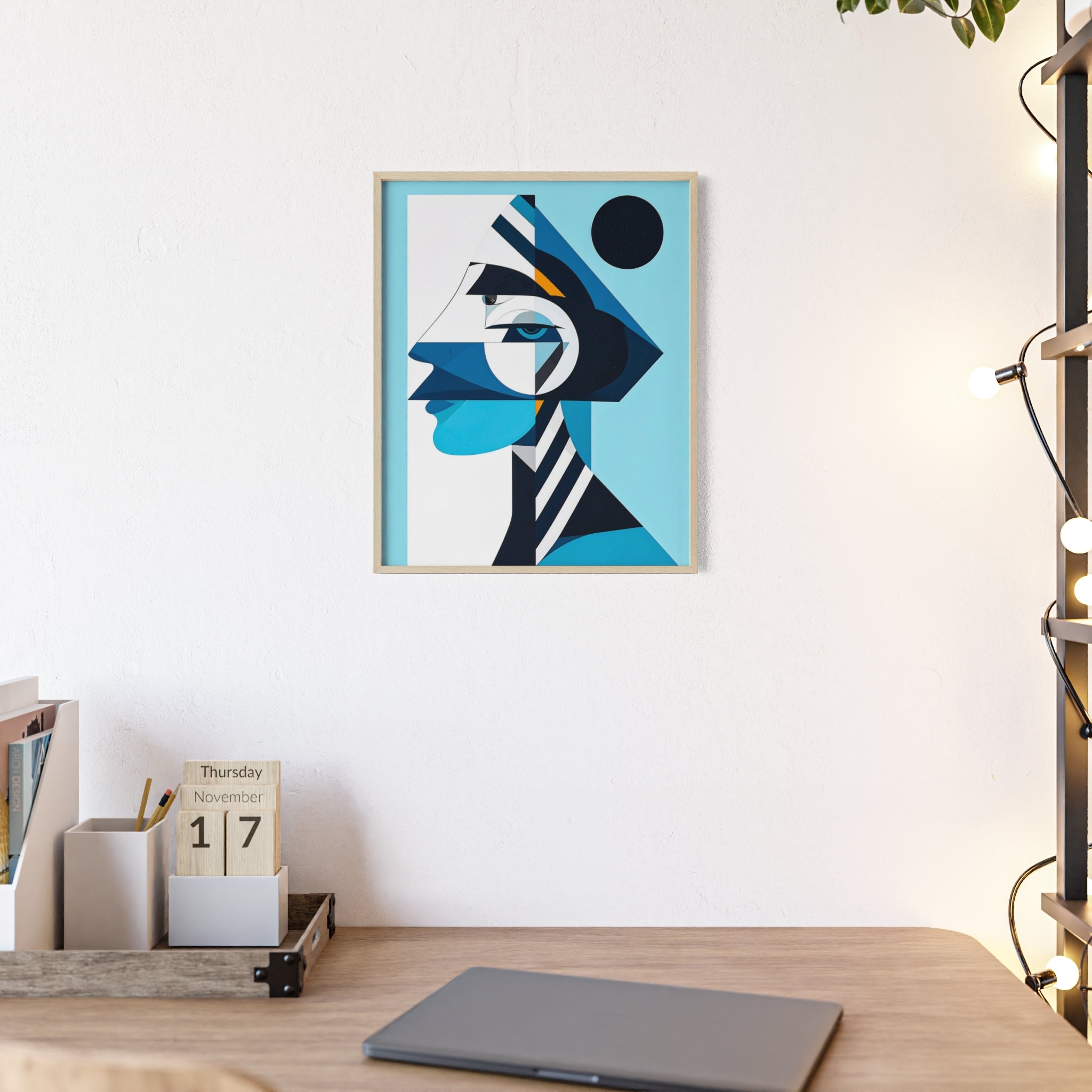 Abstract Geometric Portrait Poster with Wooden Frame — Blue Modern Wall Art