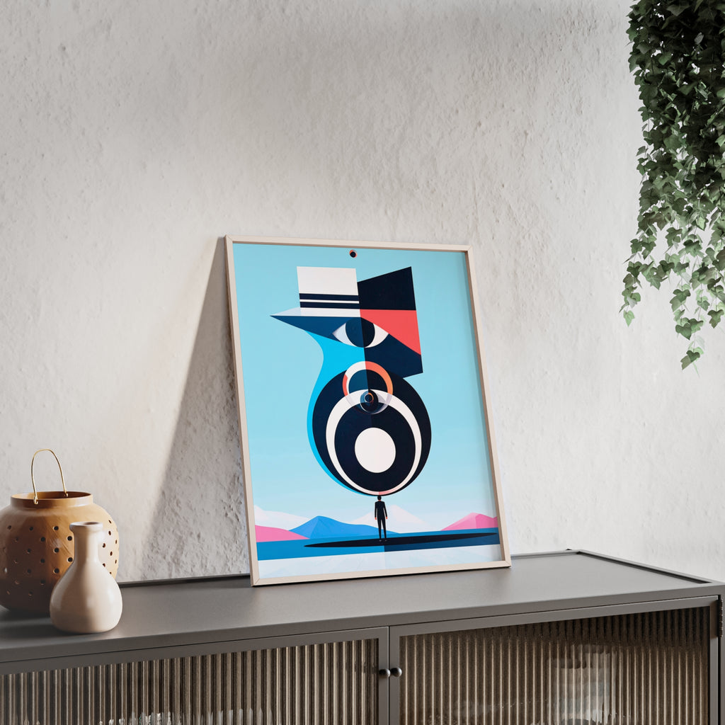 Abstract Geometric Bird Poster with Wooden Frame — Modern Minimalist Wall Art