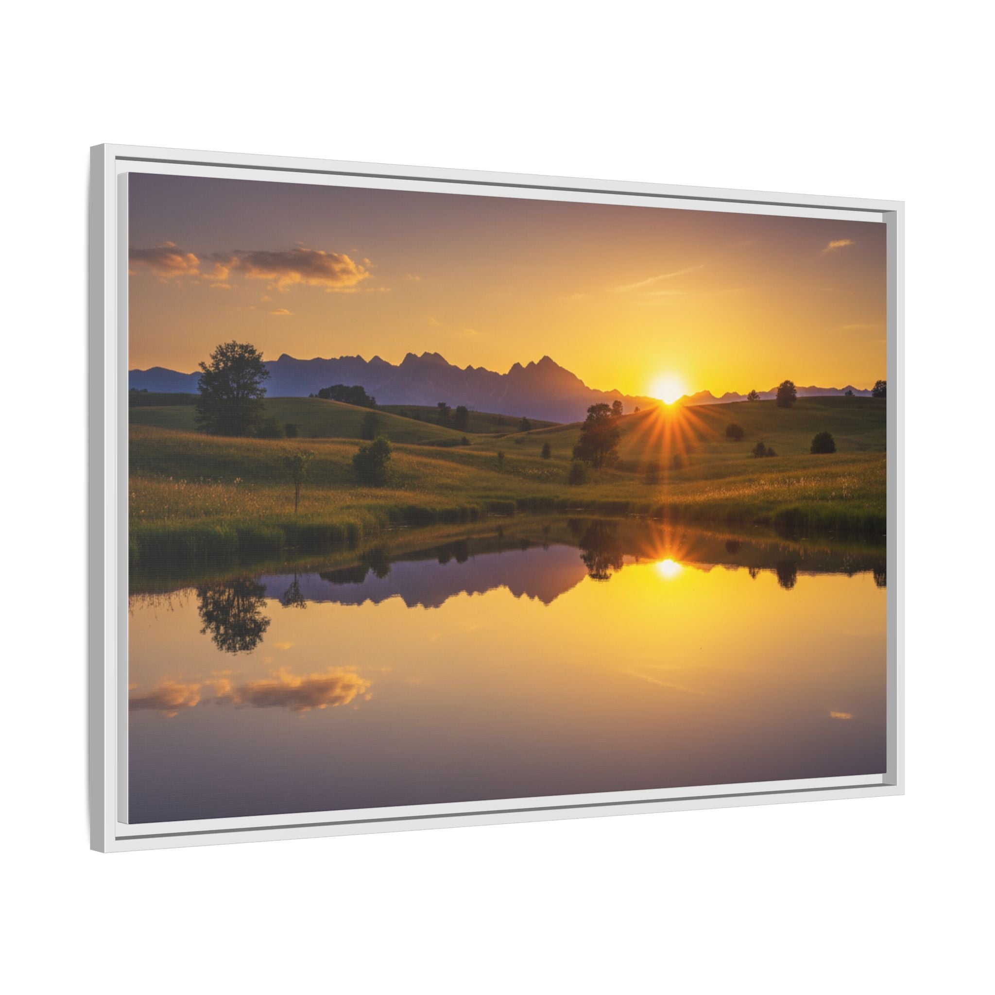 Framed Matte Canvas Sunset Landscape — Serene Lake Reflection Wall Art