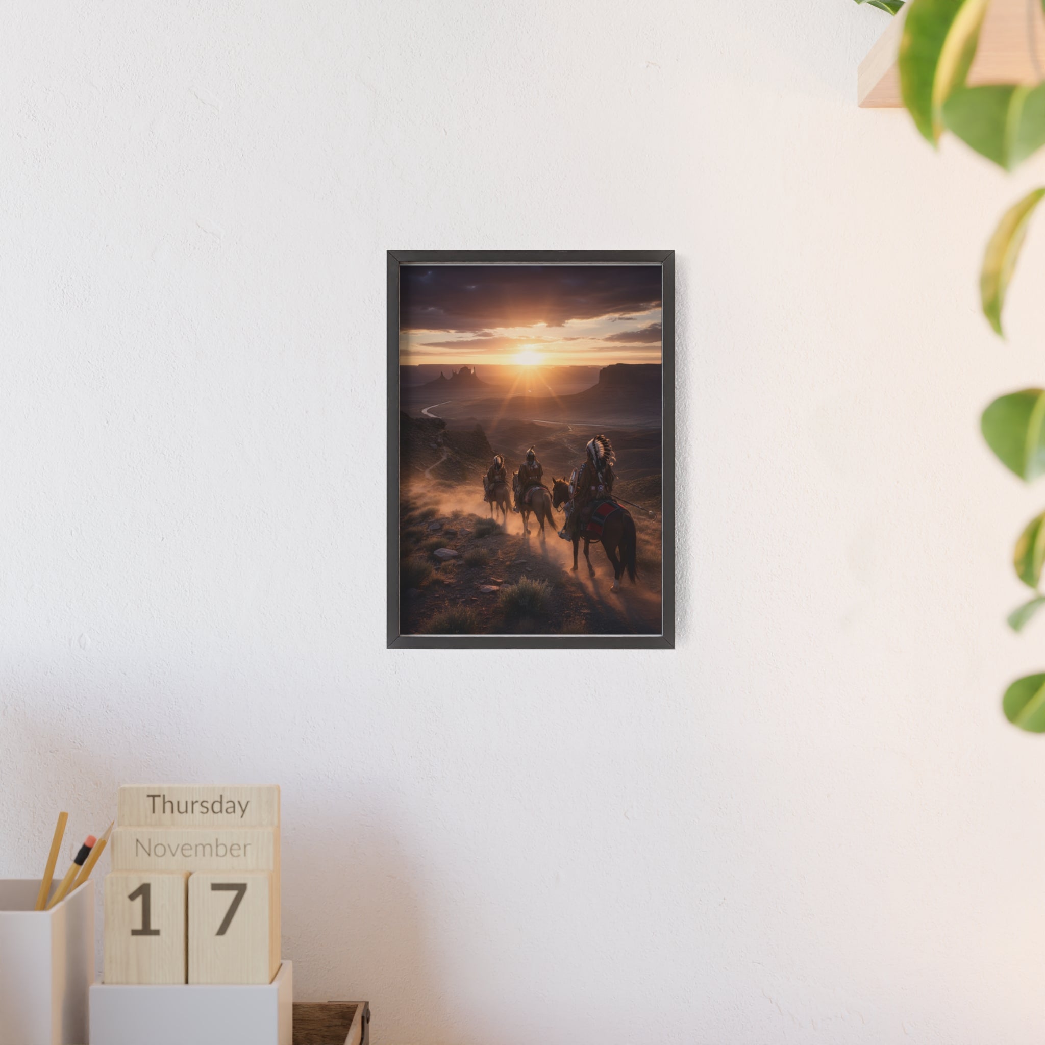 Framed Western Sunset Poster — Native Riders on Horseback Wall Art