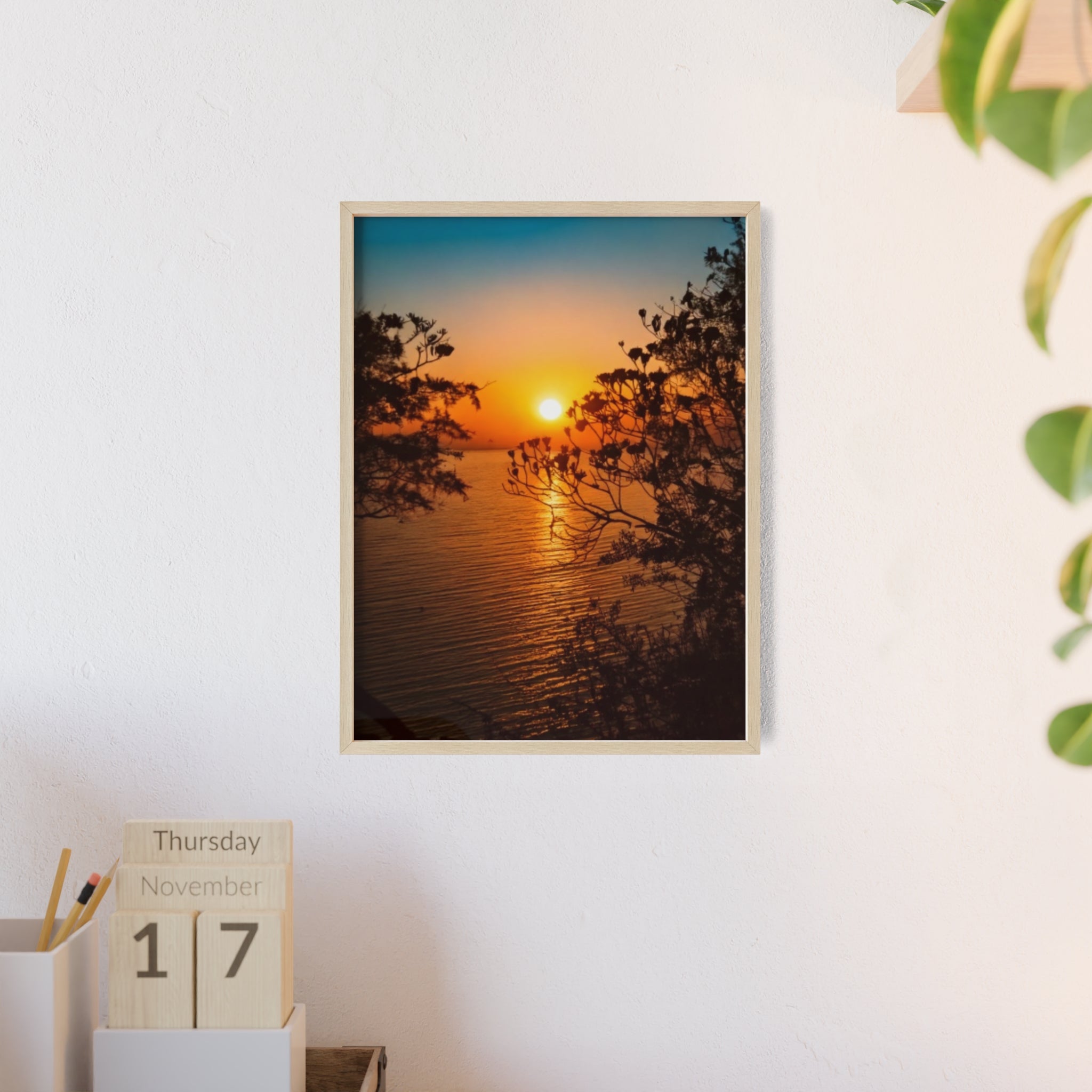 Sunset Coastal Poster with Wooden Frame — Framed Beach Wall Art
