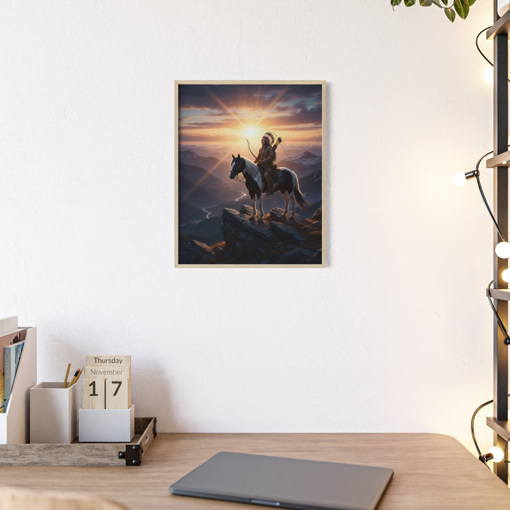 Native American Warrior on Horse Framed Poster — Scenic Sunrise Wall Art