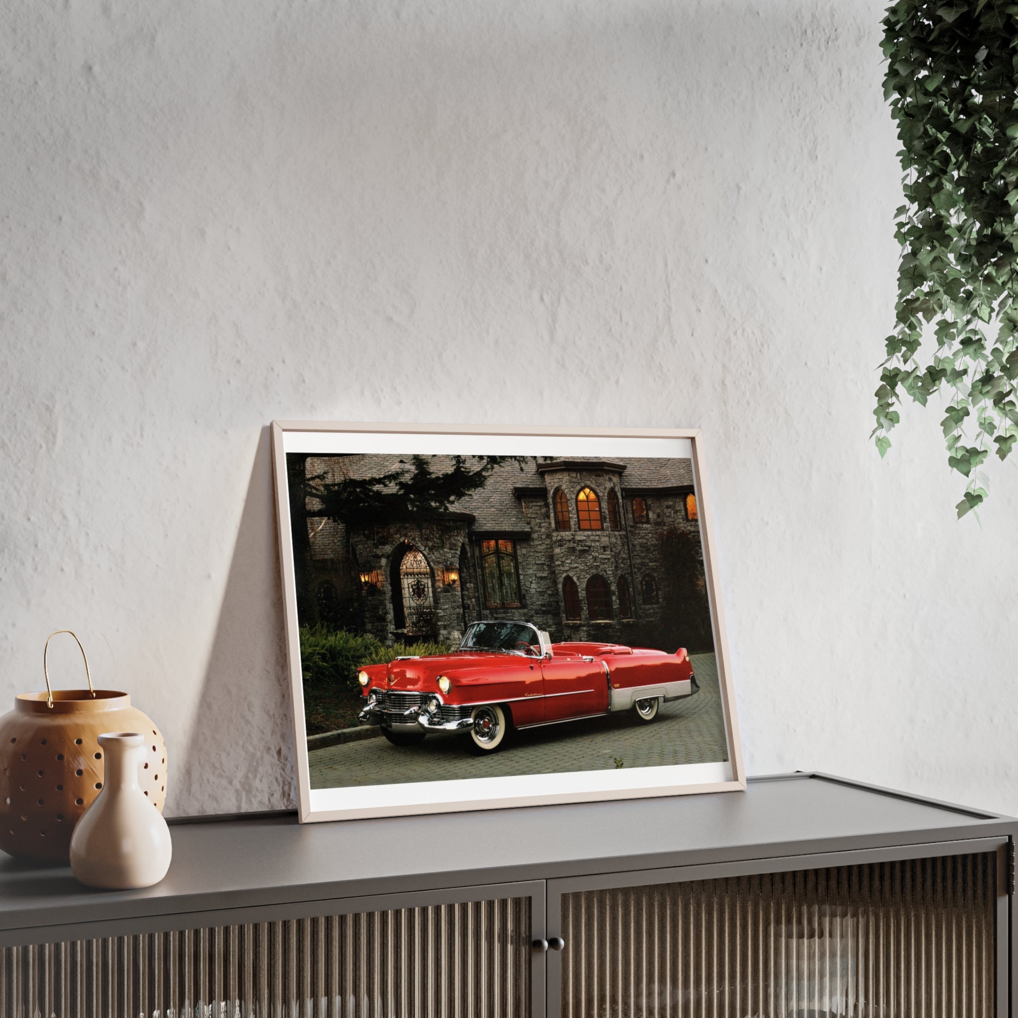 Vintage Red Convertible Poster with Wooden Frame — Classic Car Wall Art