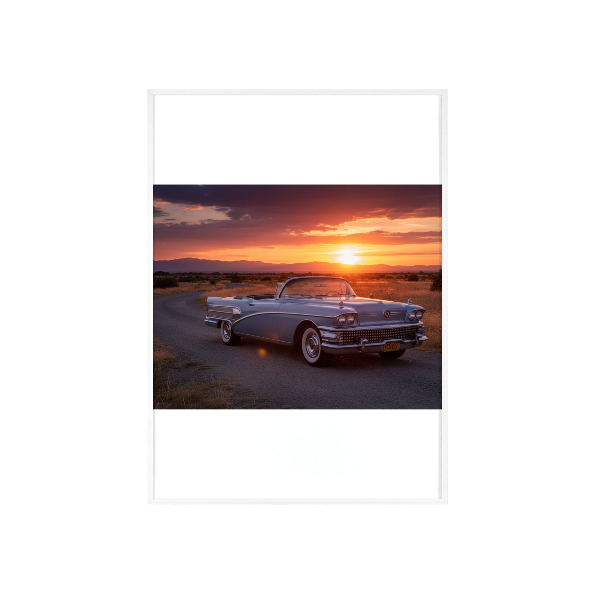Vintage Convertible Sunset Poster with Wooden Frame