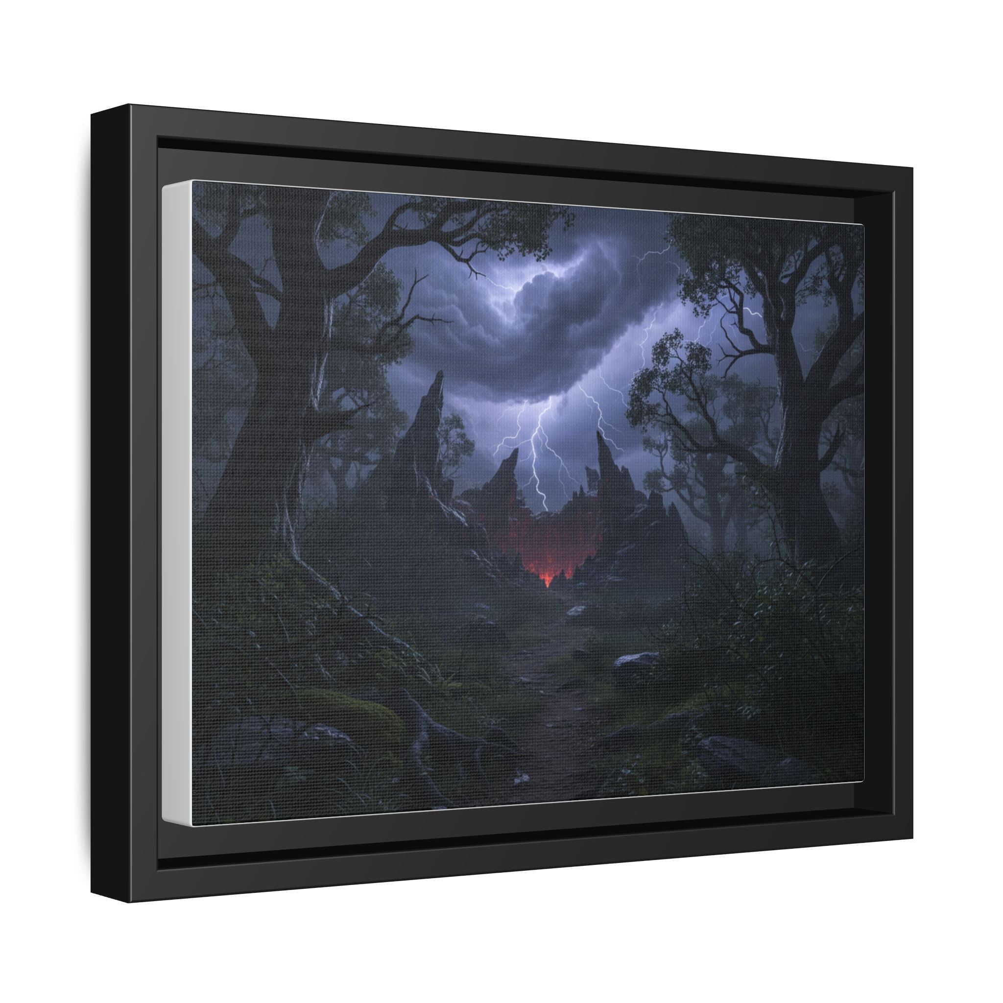 Dark Storm Forest Framed Canvas Print — Lightning, Haunted Castle Art