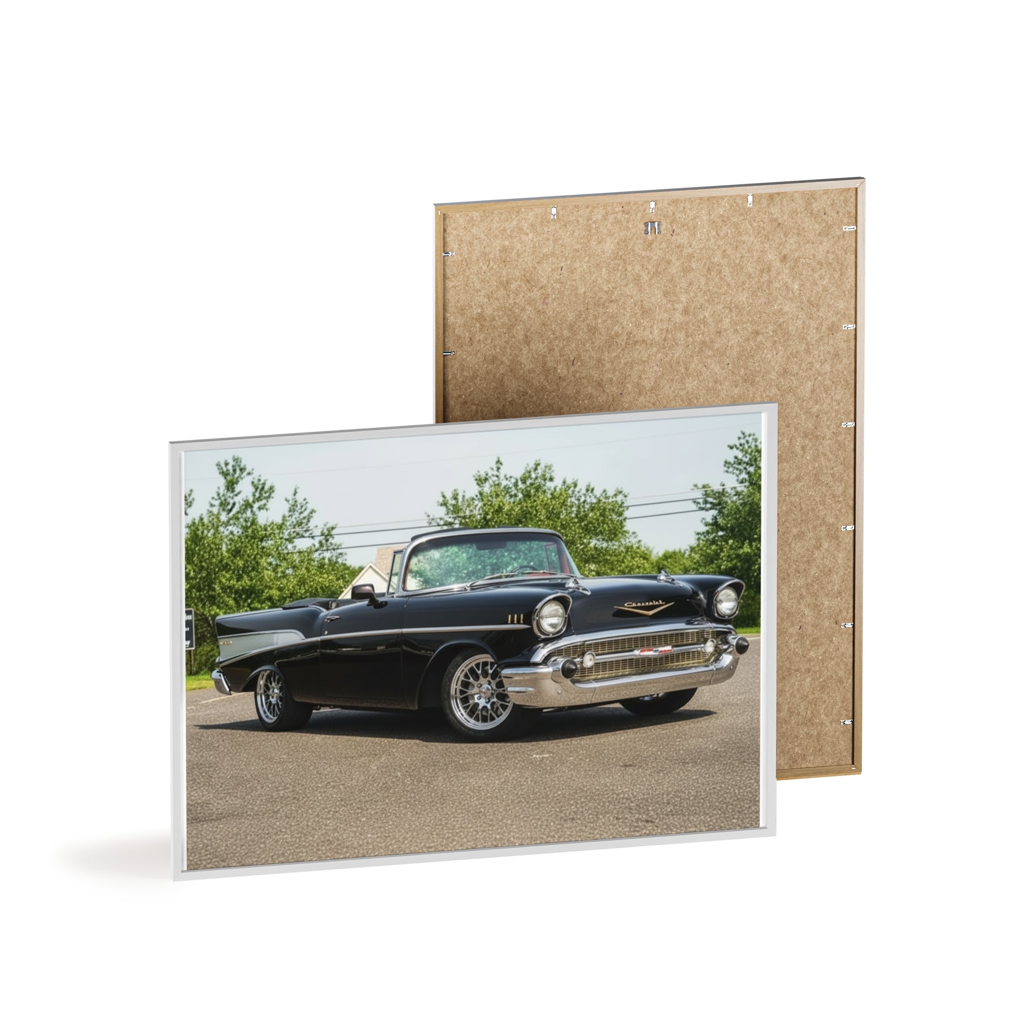 Classic Black 1957 Chevy Poster with Wooden Frame — Vintage Car Wall Art